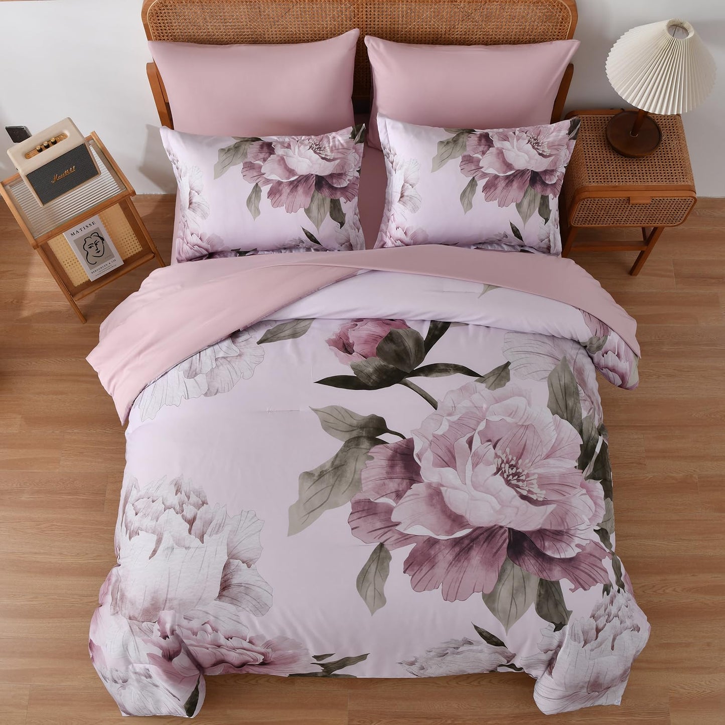 Black Queen Comforter Set 7 Piece Bed in a Bag, Pink Floral Printed