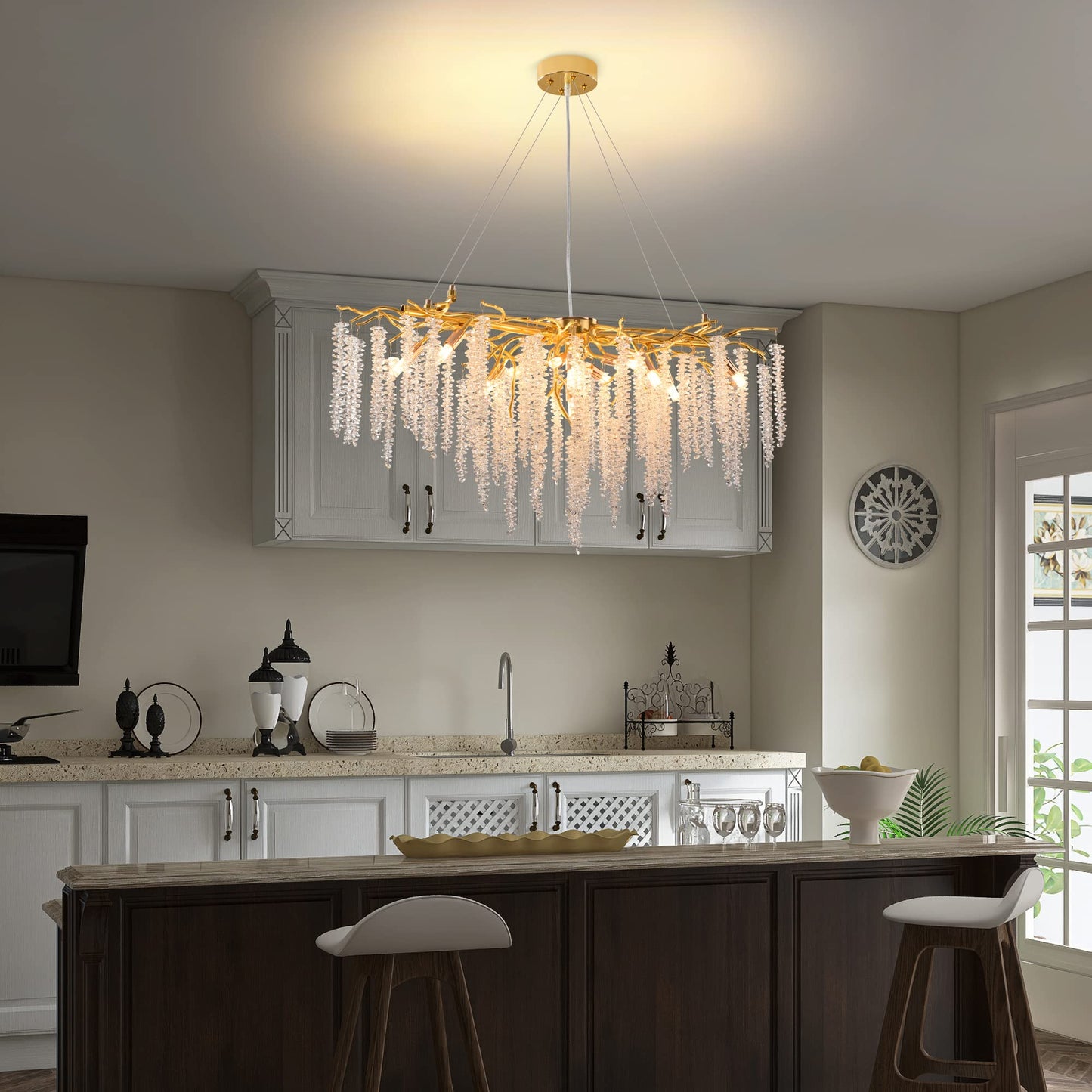 Modern Crystal Tree Branches Chandelier Gold Round Raindrop