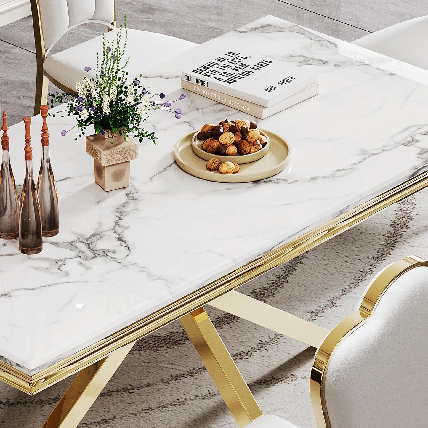 70 Inch White Marble Kitchen Table with Gold Mirrored Cabriole Legs