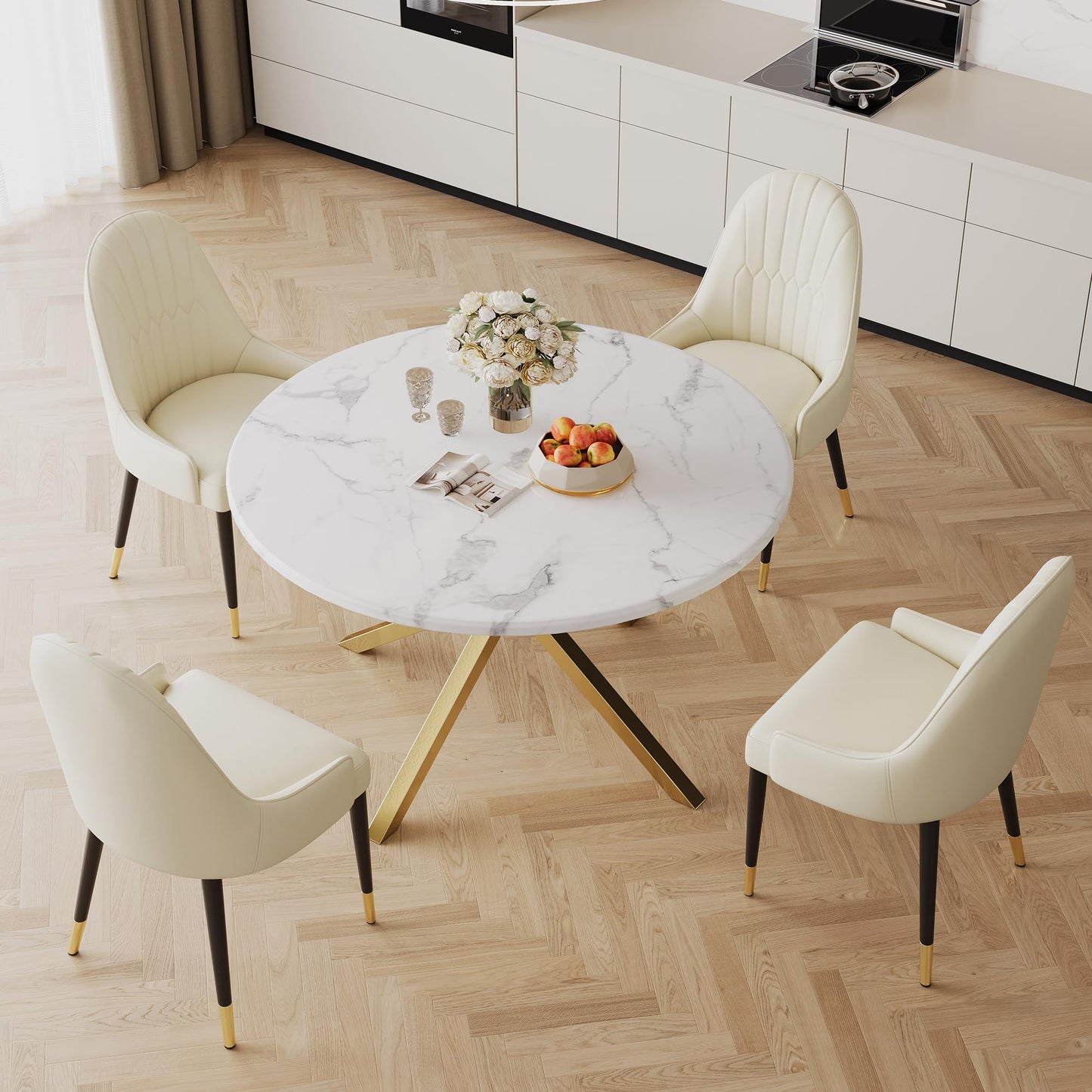 70 Inch White Marble Kitchen Table with Gold Mirrored Cabriole Legs