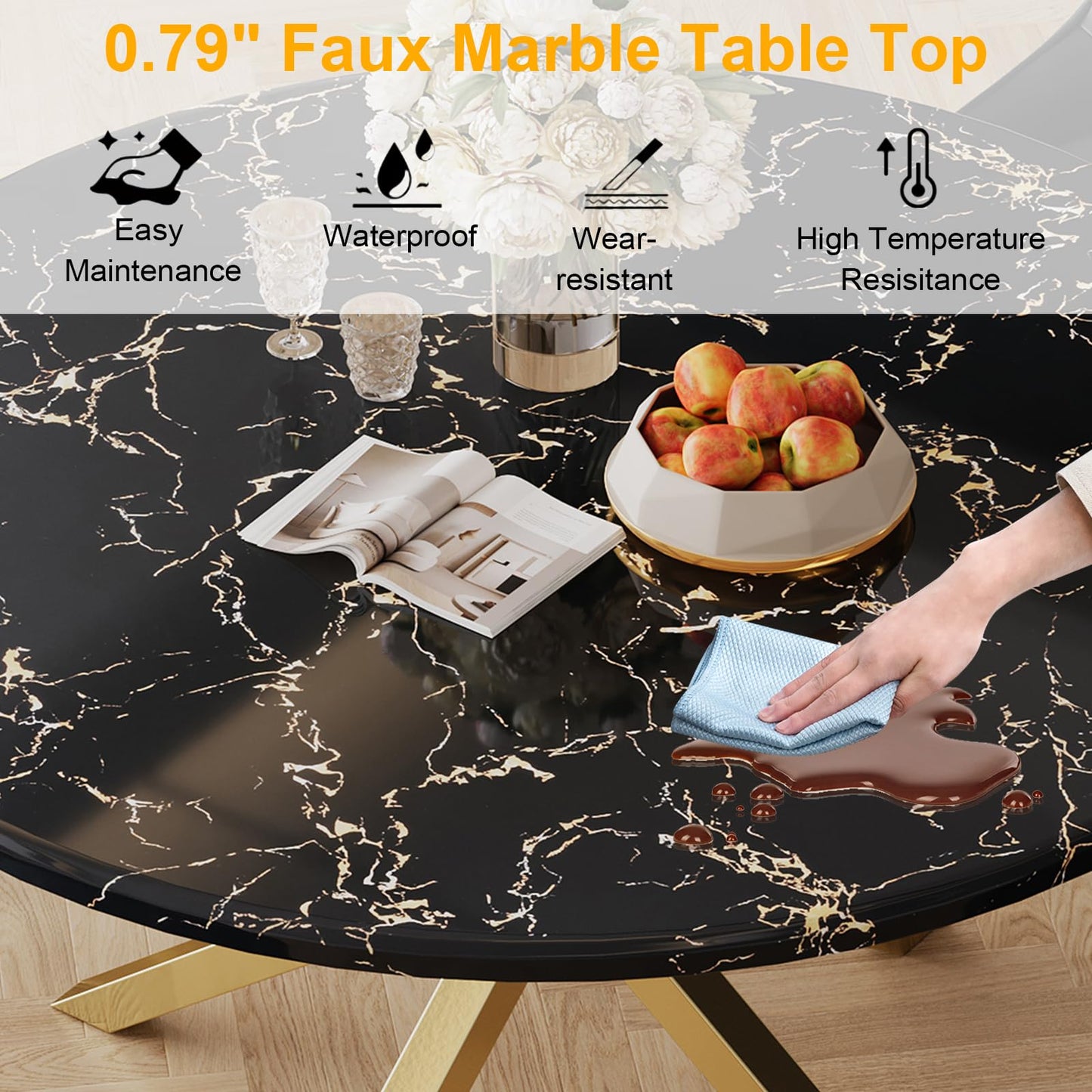 70 Inch White Marble Kitchen Table with Gold Mirrored Cabriole Legs