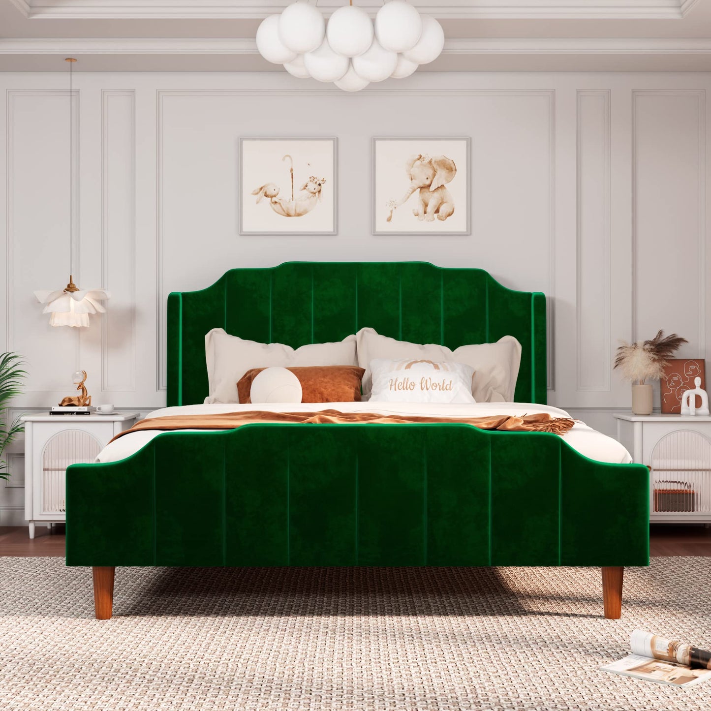 Velvet Upholstered Platform Bed with Vertical Headboard and Footboard