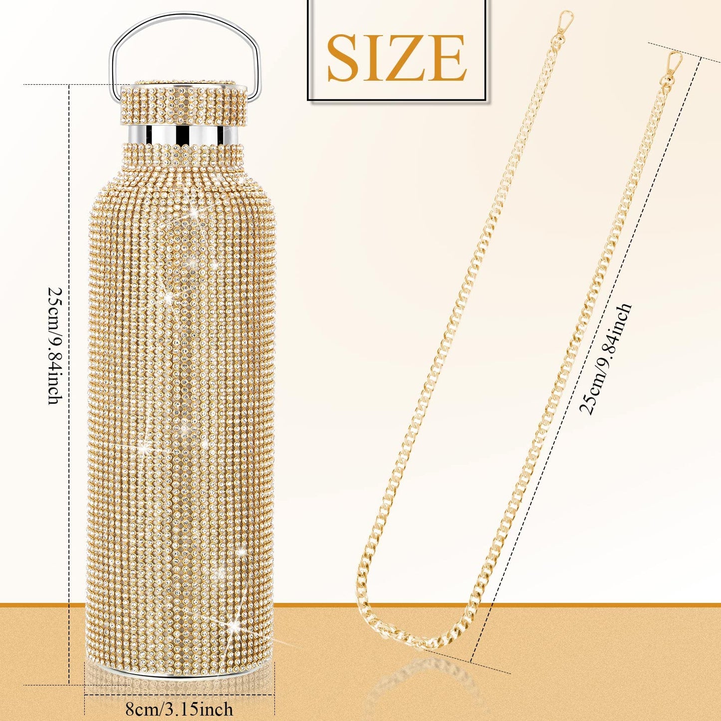 2 Pieces Bling Water Bottle Diamond - Rhinestone with Chain Stainless Steel