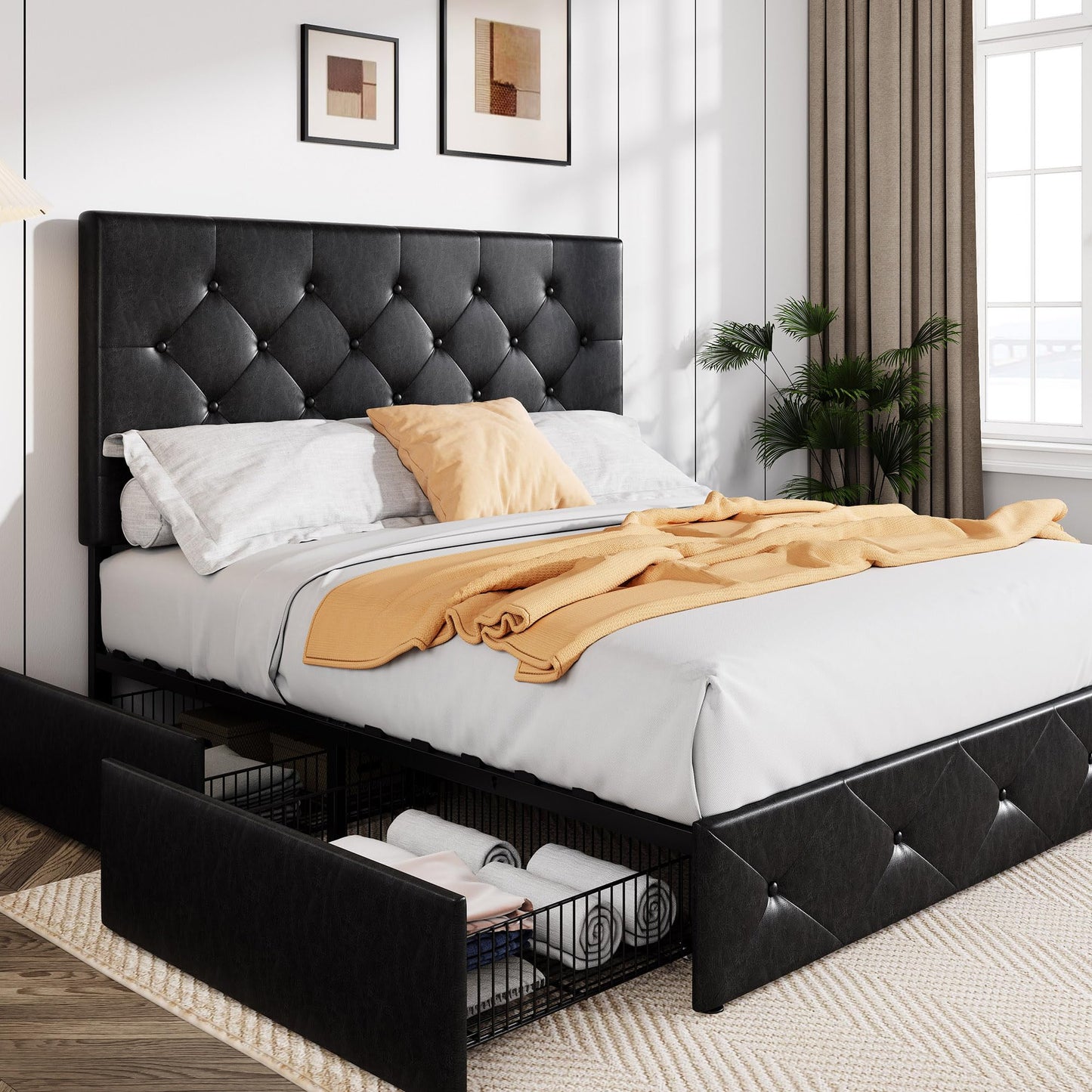 Upholstered Platform Bed Frame with 4 Storage Drawers and Headboard