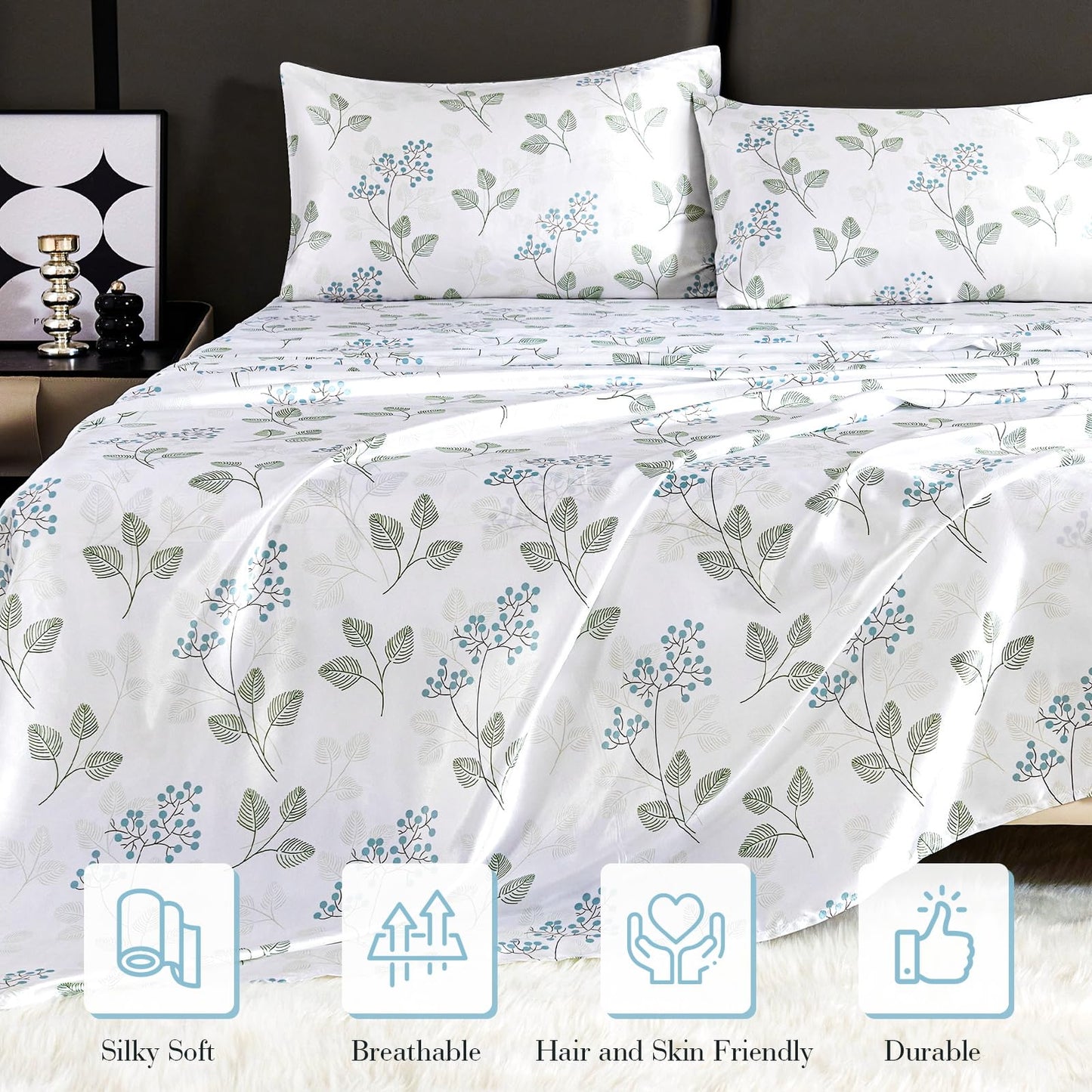 Floral Print - Luxurious Silky Feel Queen Sheet Set - Elegant Smooth Satin Bed Sheets