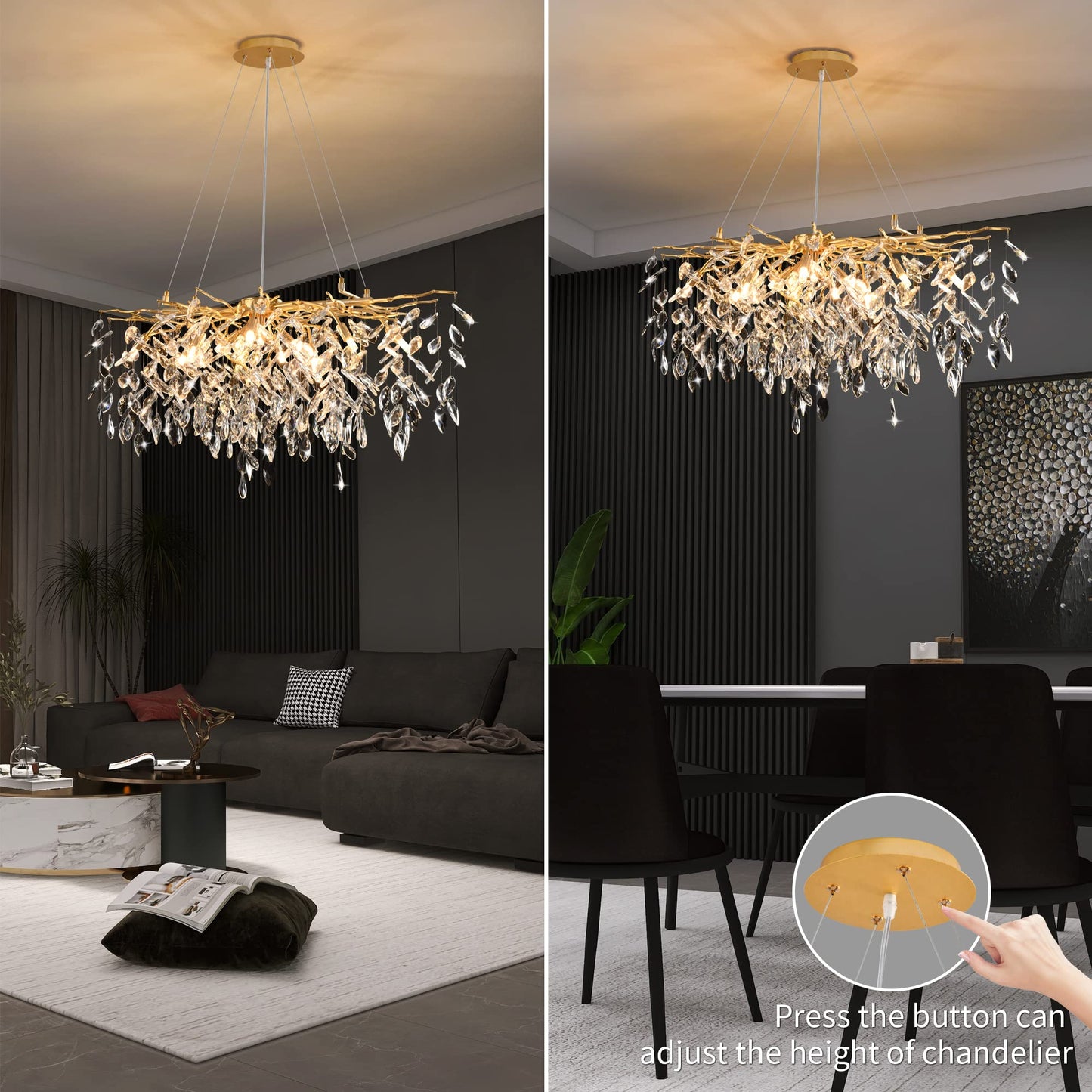 Modern Crystal Tree Branches Chandelier Gold Round Raindrop