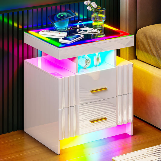 RGB LED Nightstand with Wireless Charging Station, Glam Glass Top