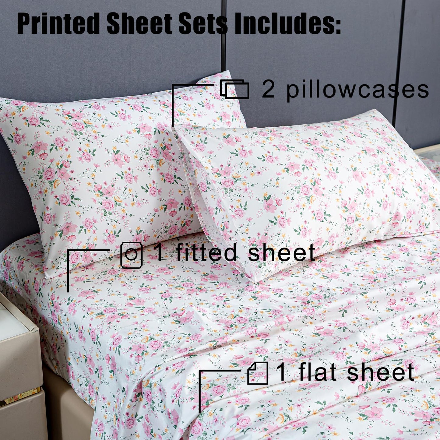 Queen Sheet Set Ultra Soft Breathable Silky Flower Bed Sheets Deep Pocket