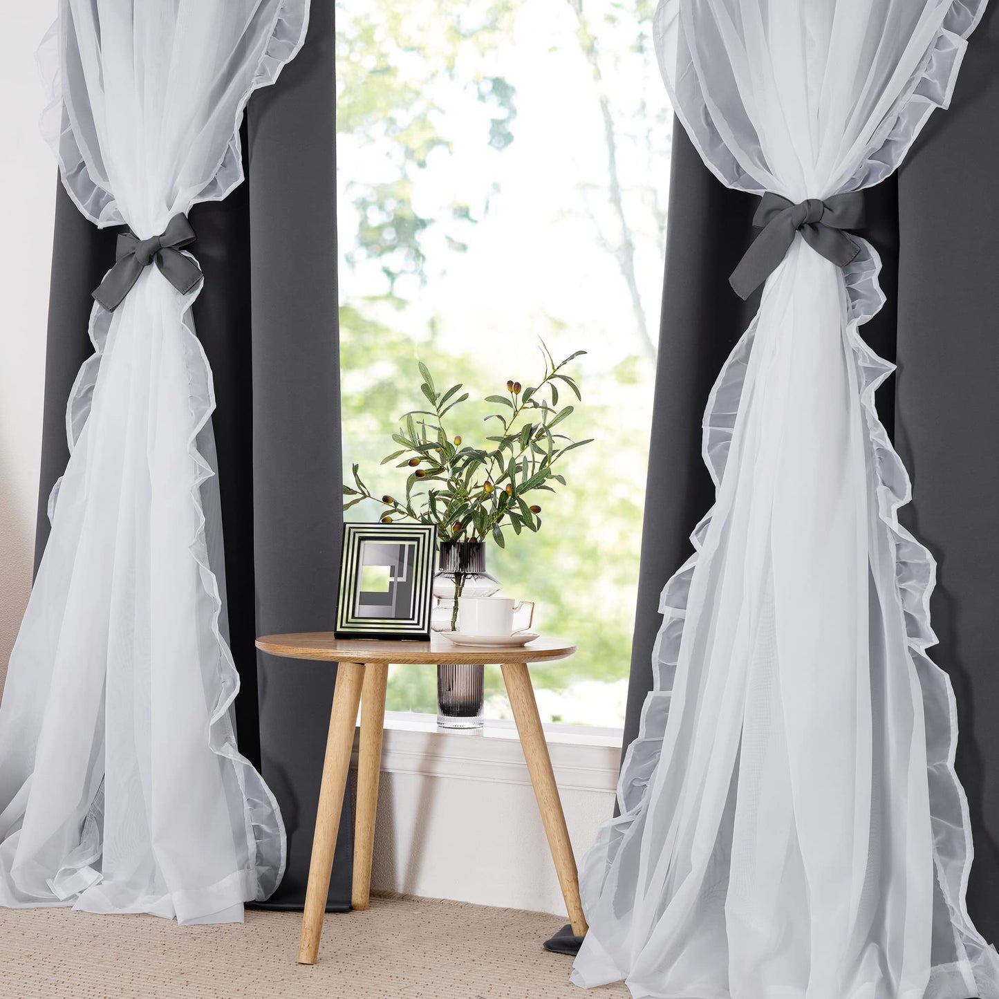 Blackout Window Treatment Double Layer Drapes Ruffle Sheer Overlay 2 Panels