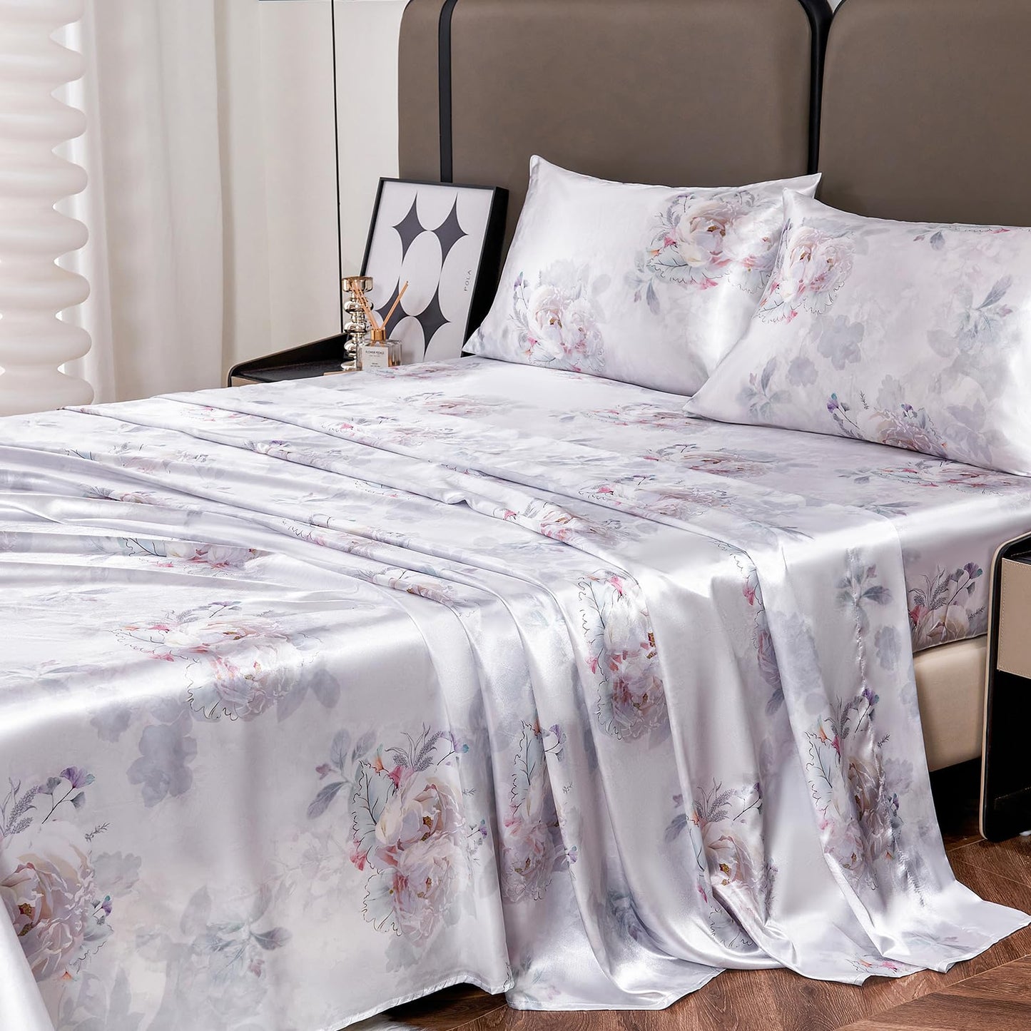 Floral Print - Luxurious Silky Feel Queen Sheet Set - Elegant Smooth Satin Bed Sheets