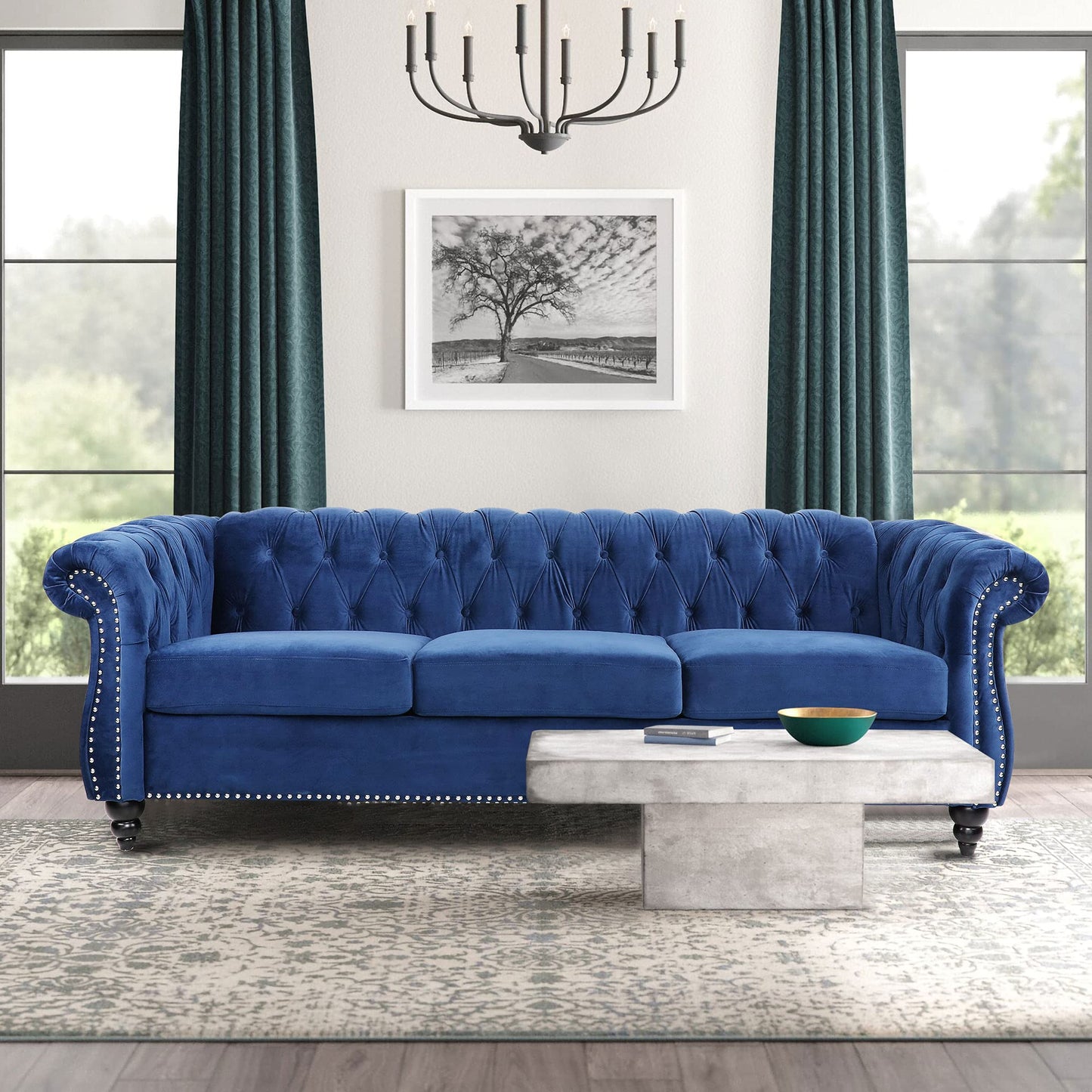 Velvet Chesterfield Sofa, 84 inch Modern Tufted 3 Seater Couch