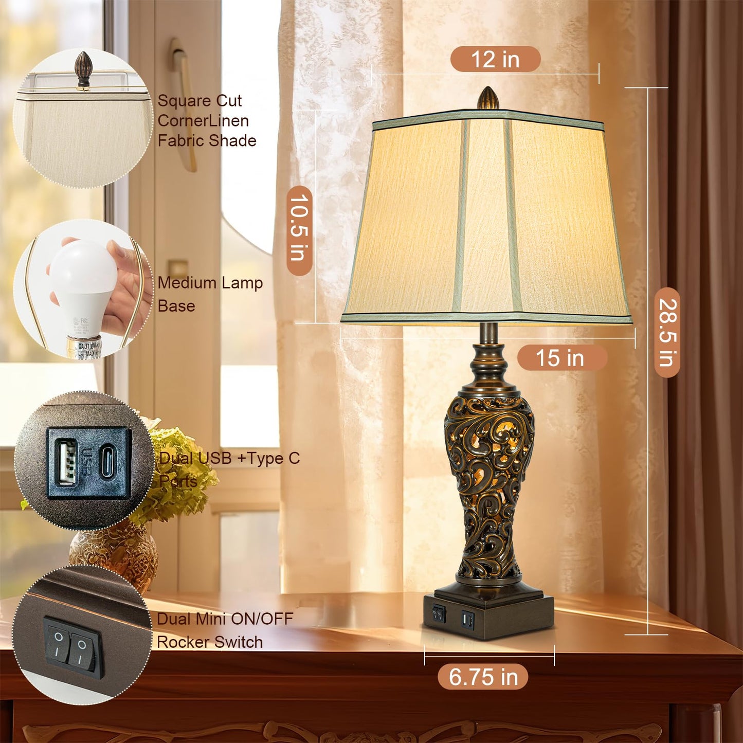 Table Lamps Set of 2 - Fabric Shades with USB and Nightlight