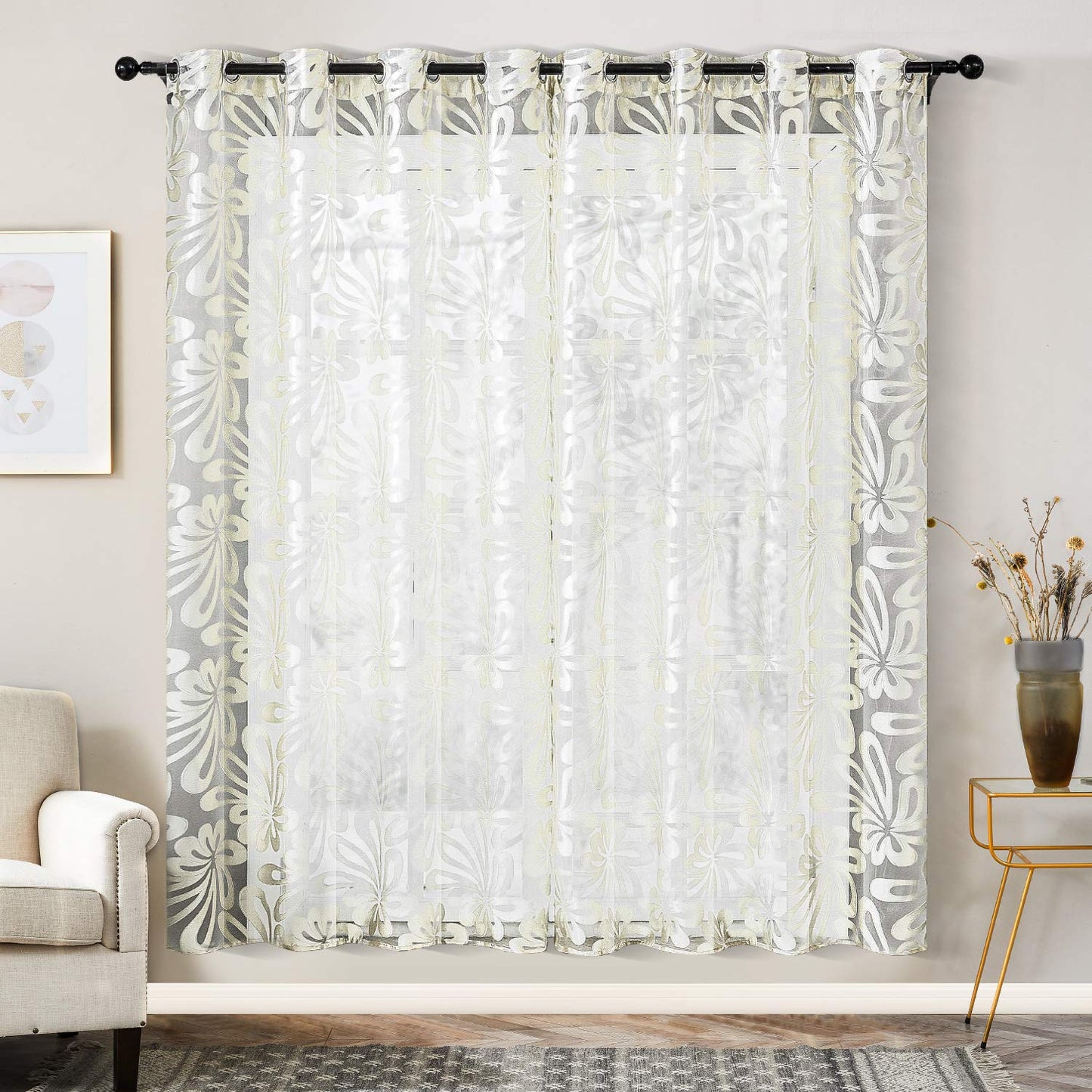 Floral Voile Sheer Curtains 84 Inches Long - Window Treatments 2 Panels