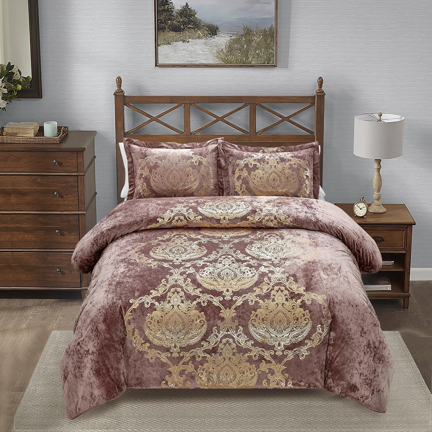 Metallic Print Comforter Set, Distressed Velvet Face with Metallic Print