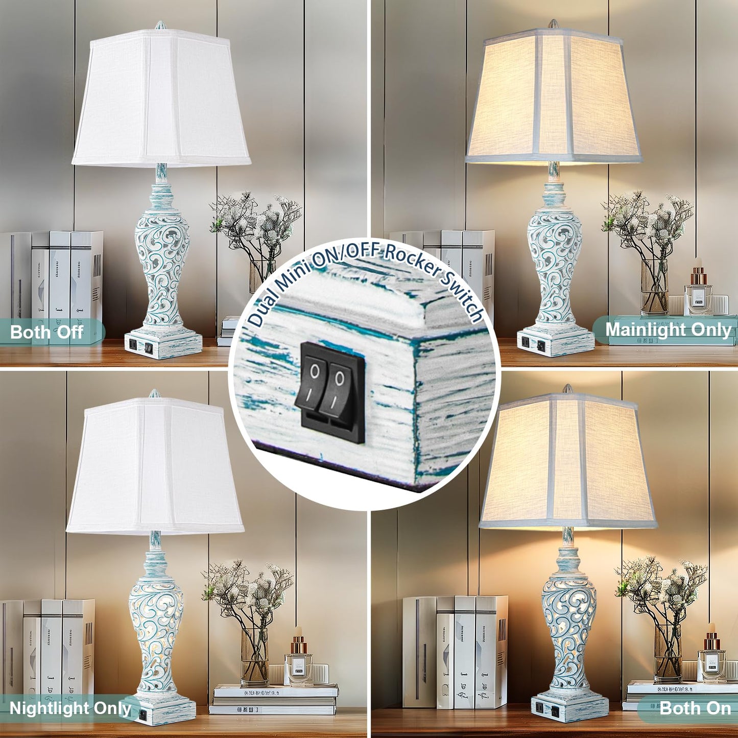 Table Lamps Set of 2 - Fabric Shades with USB and Nightlight