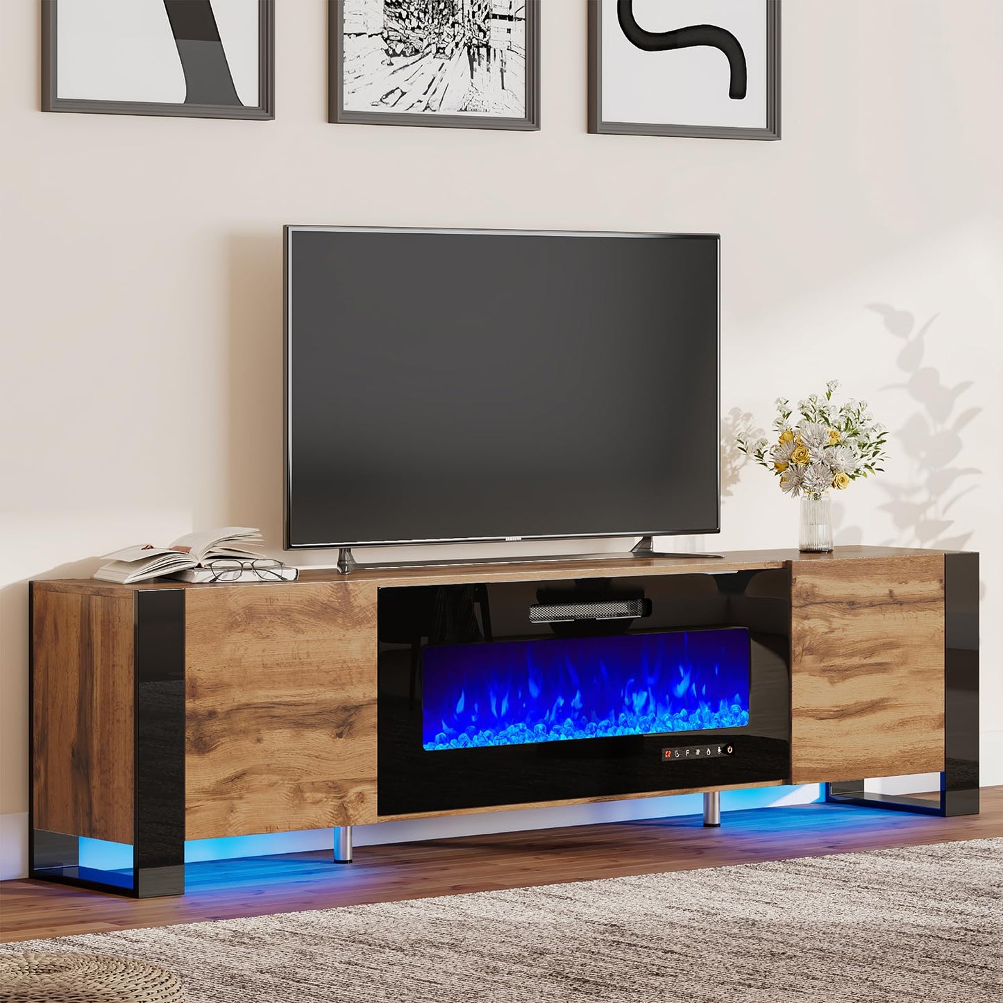 Fireplace TV Stand with 36" Fireplace, 70" Modern High Gloss Entertainment Center