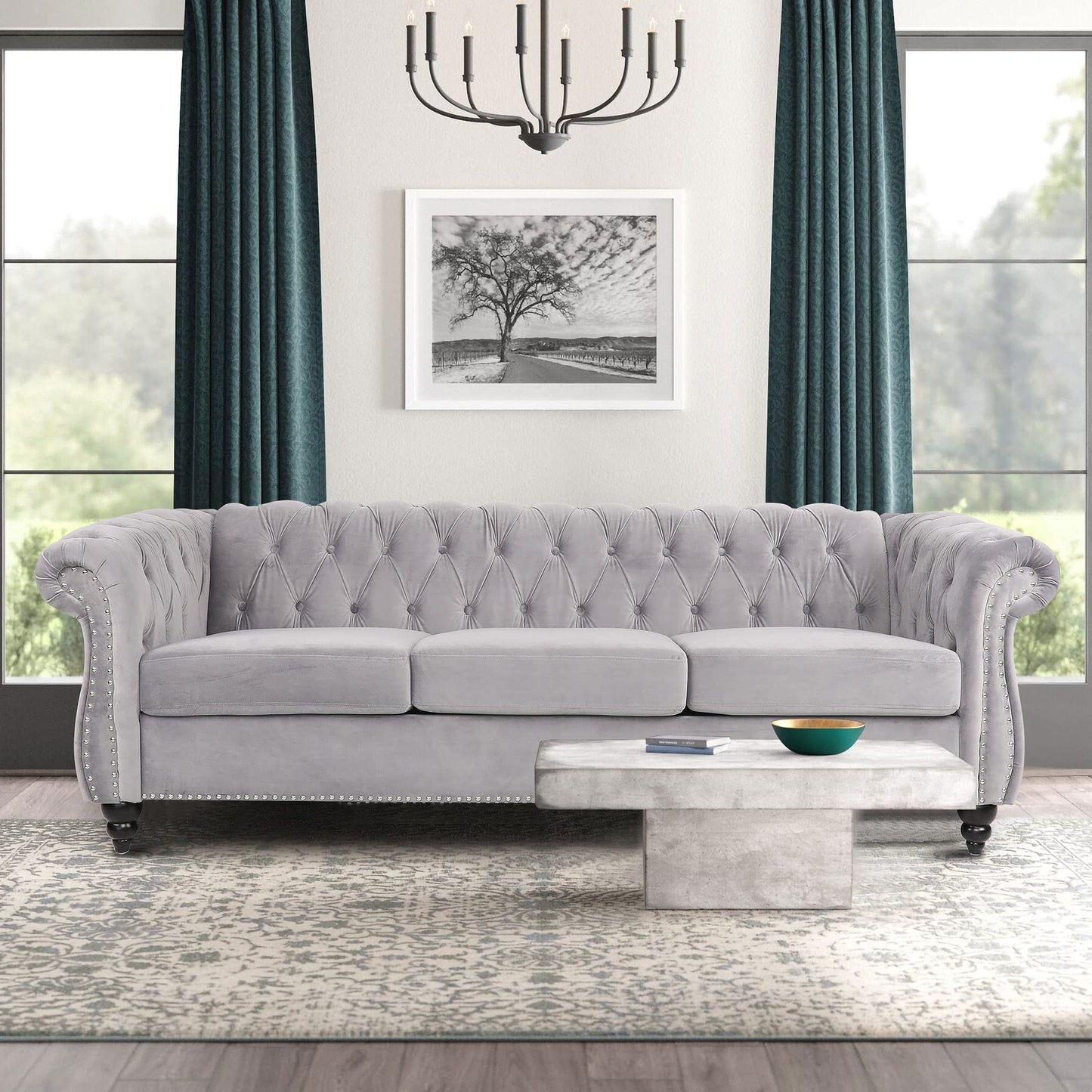 Velvet Chesterfield Sofa, 84 inch Modern Tufted 3 Seater Couch