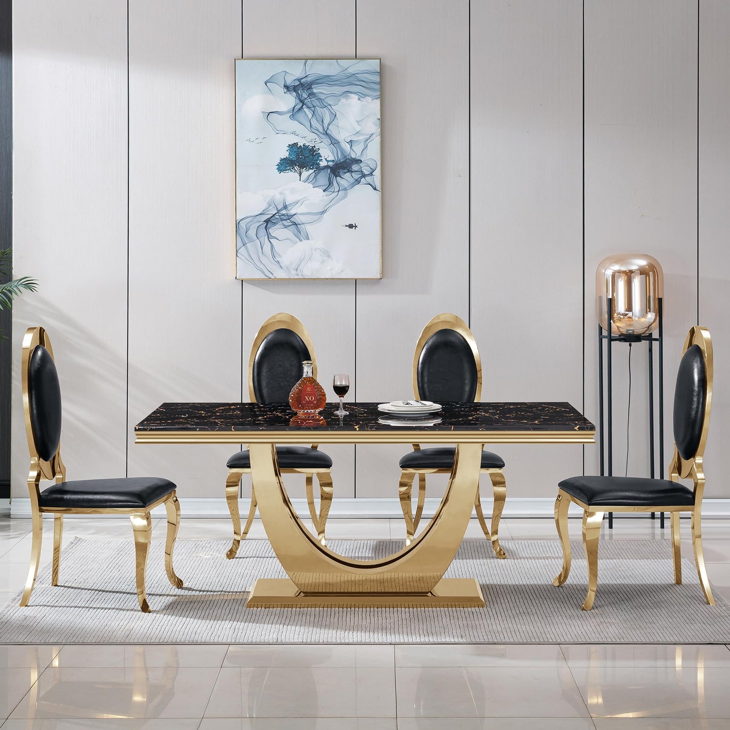 70 Inch White Marble Kitchen Table with Gold Mirrored Cabriole Legs