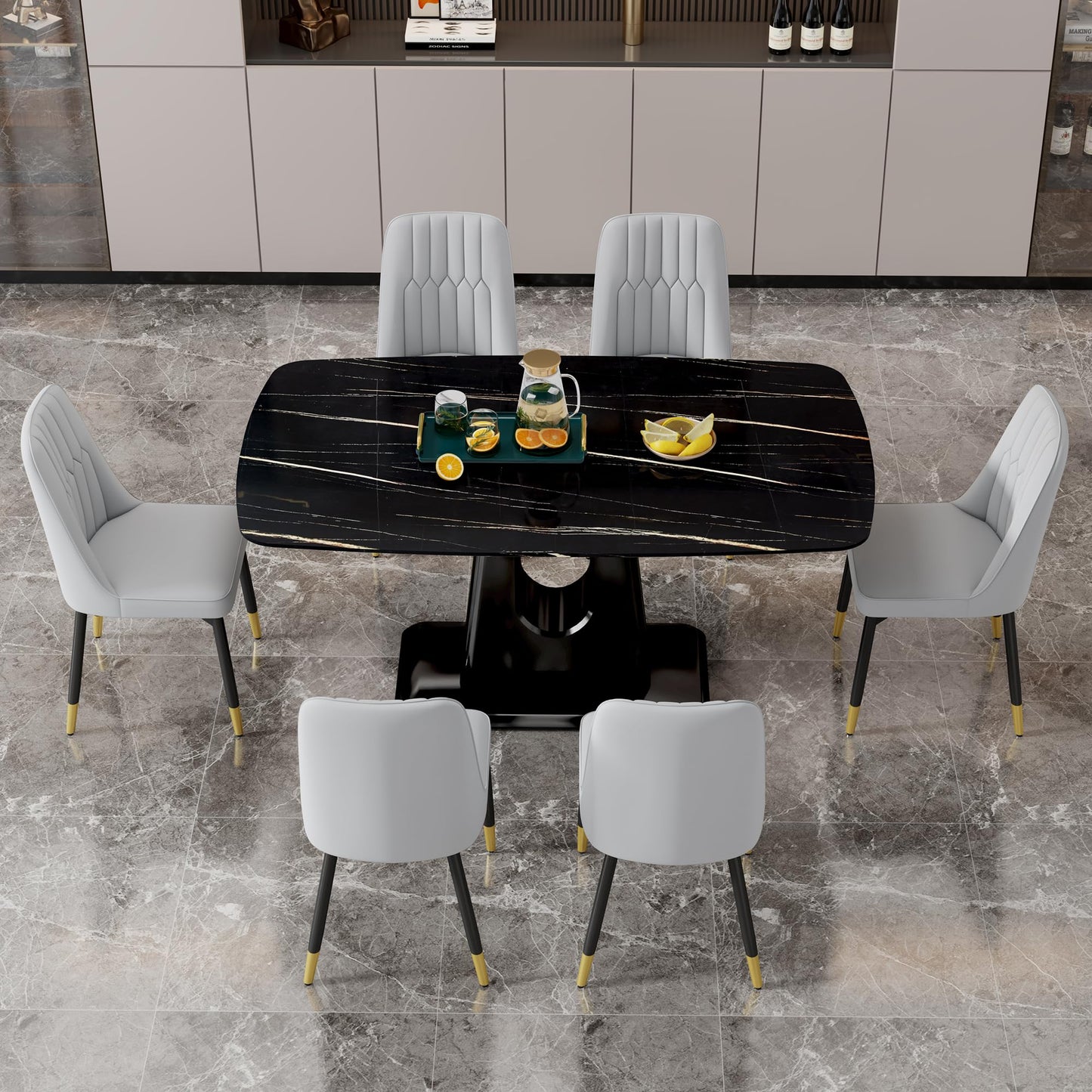 Dining Table Set for 6, White Faux Marble Pattern Table with 6 Modern Dining Chairs