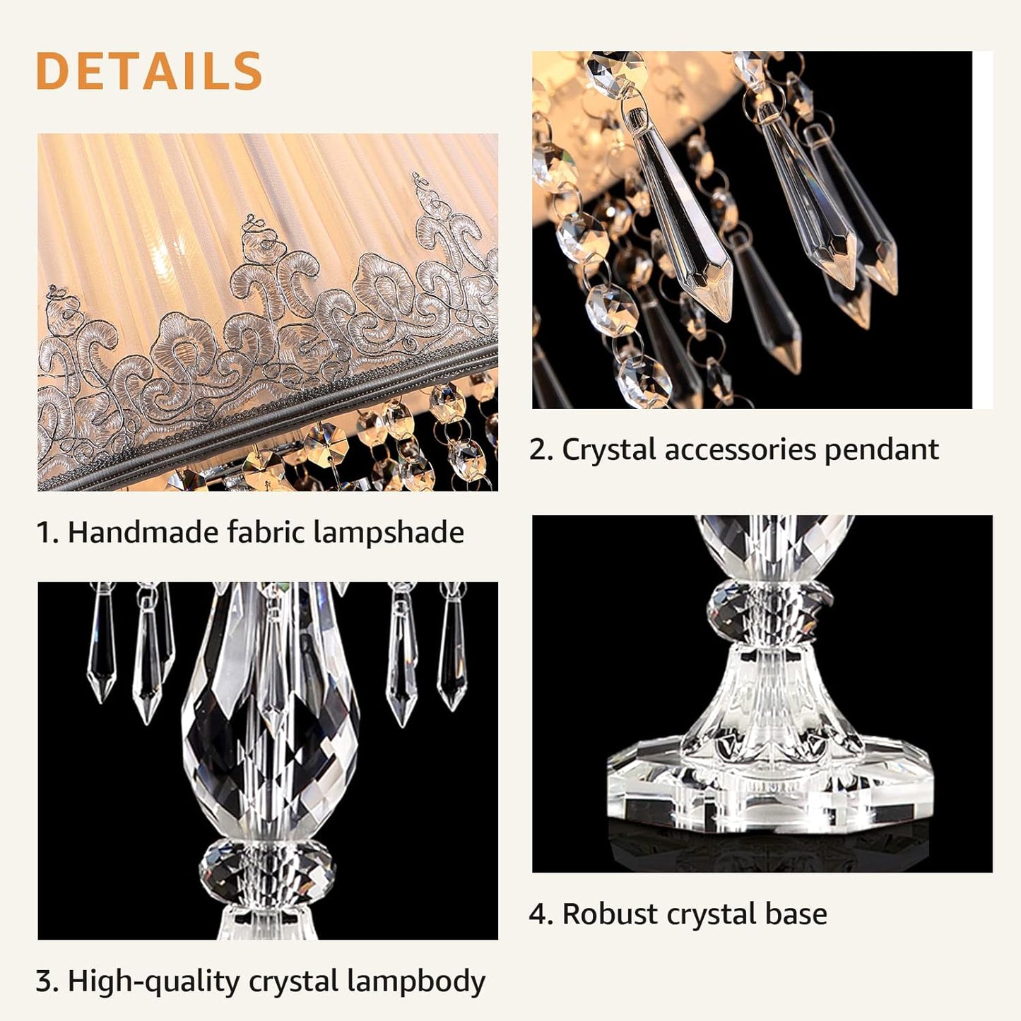 French Elegant Plug-in Crystal Nightstand Lamp Set of 2 Dimmable