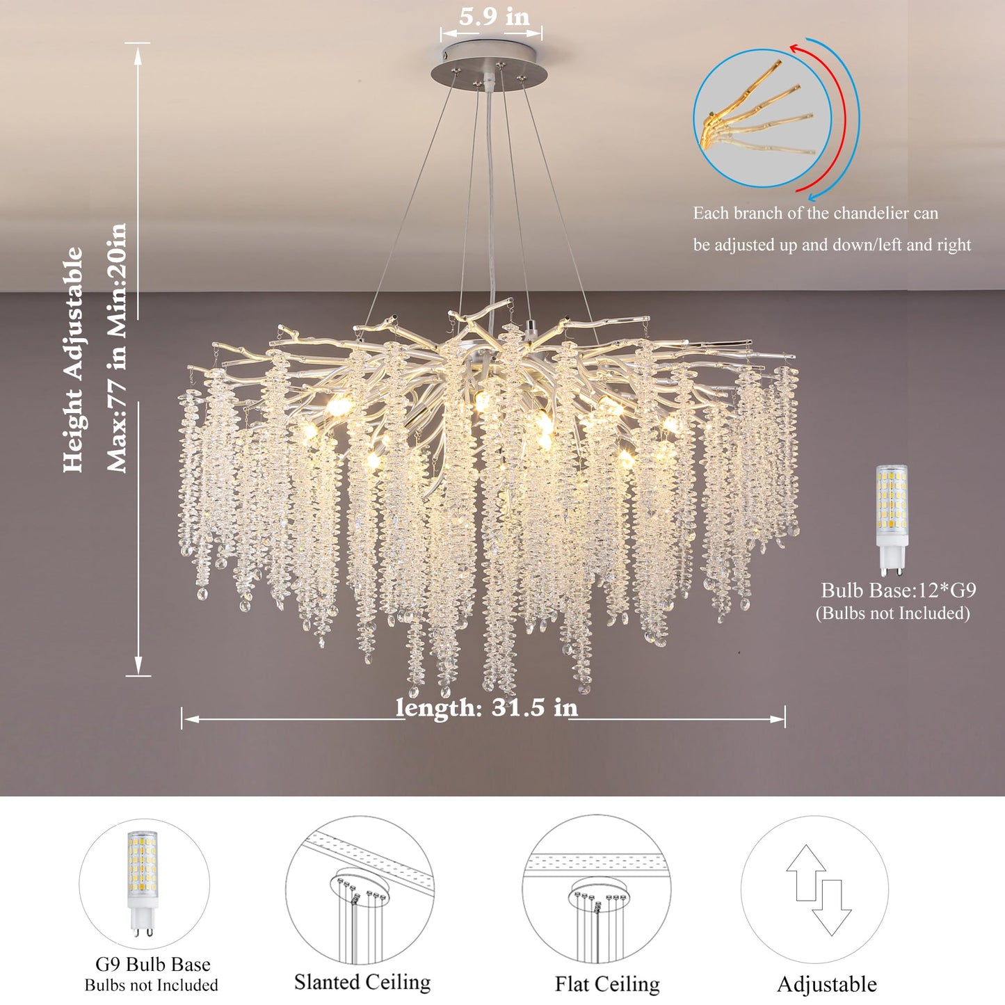 Modern Crystal Tree Branches Chandelier Gold Round Raindrop