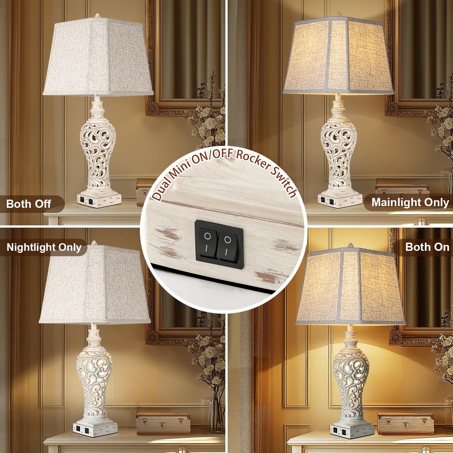 Table Lamps Set of 2 - Fabric Shades with USB and Nightlight