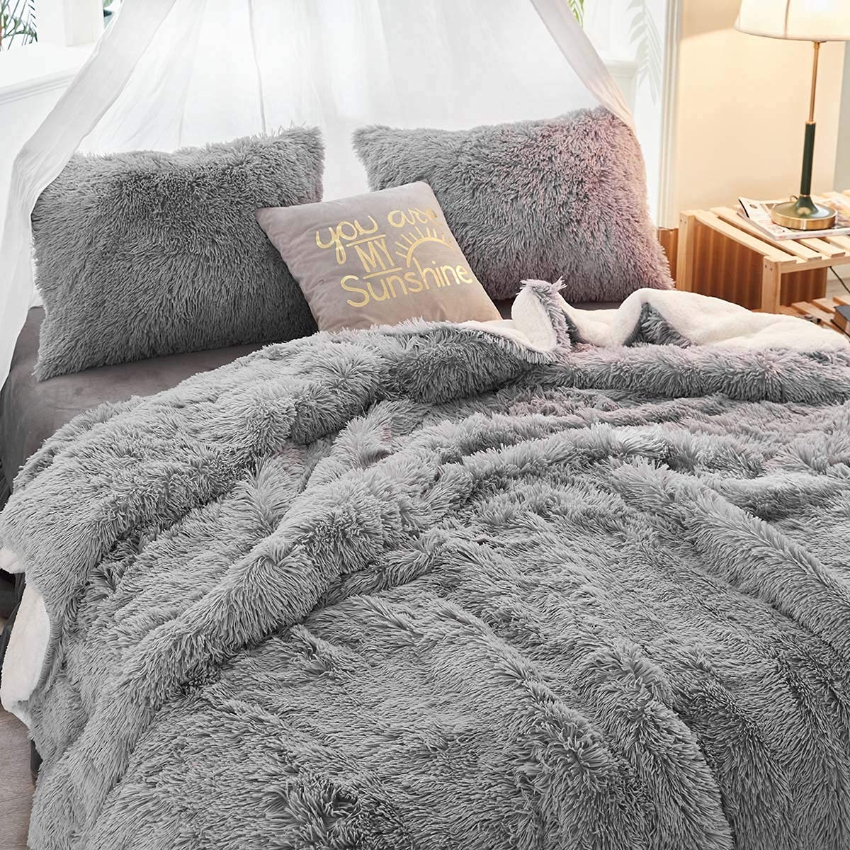 Gray Faux Fur Comforter Set Full/Queen 3 Pieces Bedding Set