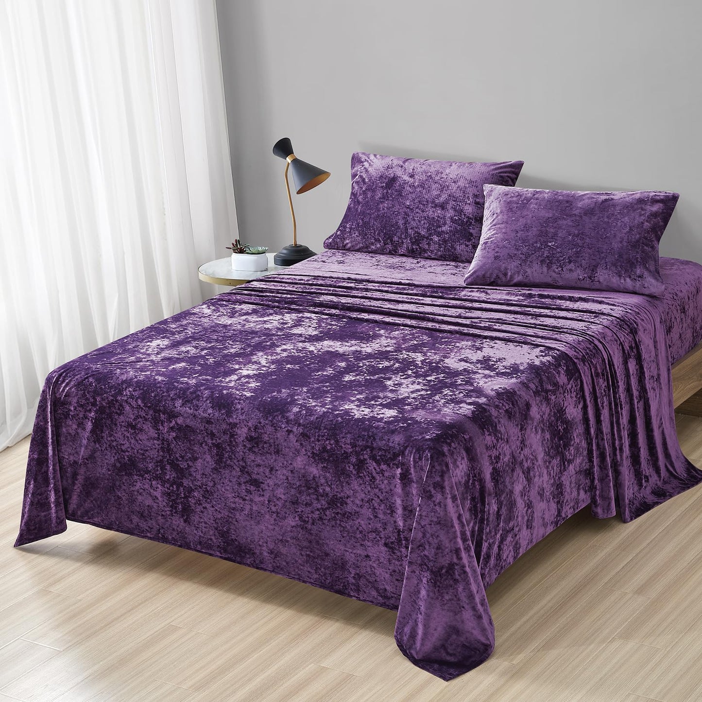 Distressed Velvet Sheet Set, 4 Pieces Purple Queen, Ultra Soft, Warm