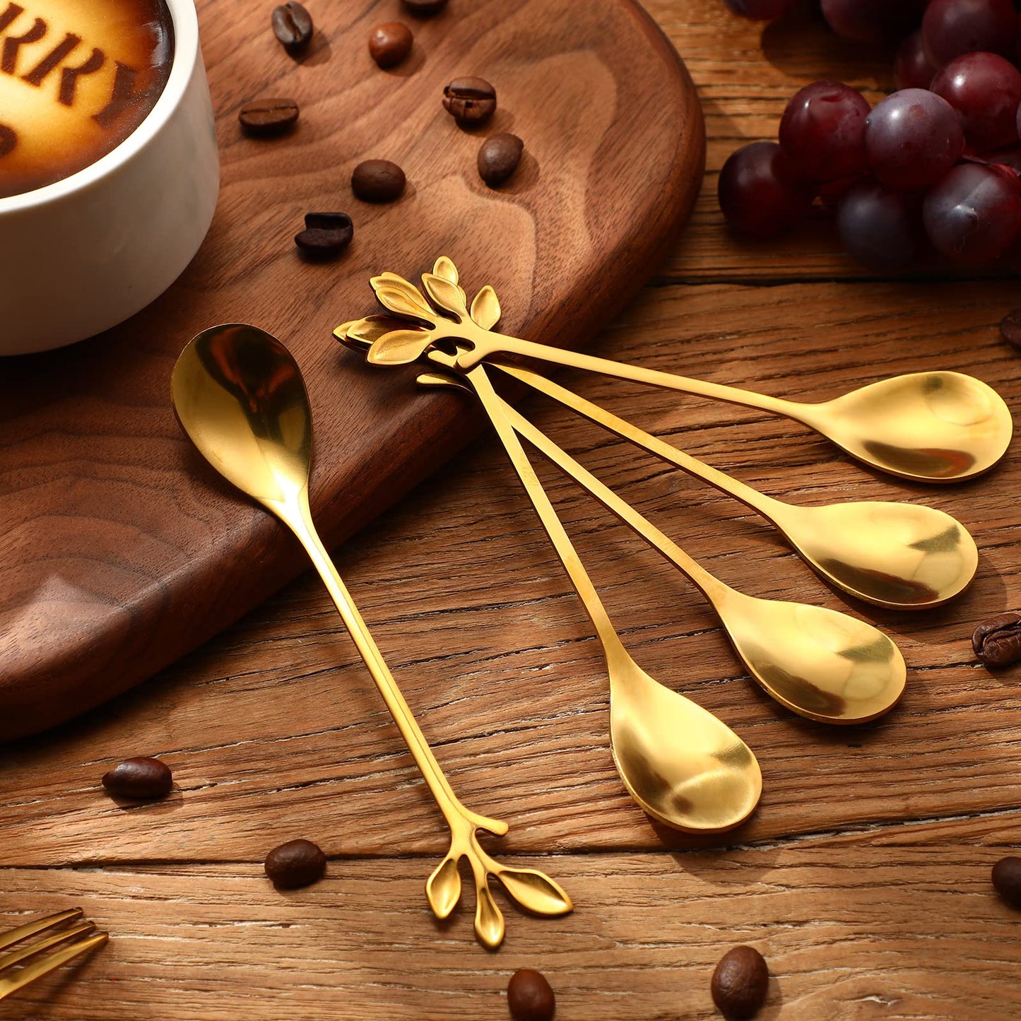 Stainless Steel Leaf Coffee Spoon and Appetizer Fork Tableware (Gold, 40 Pieces)