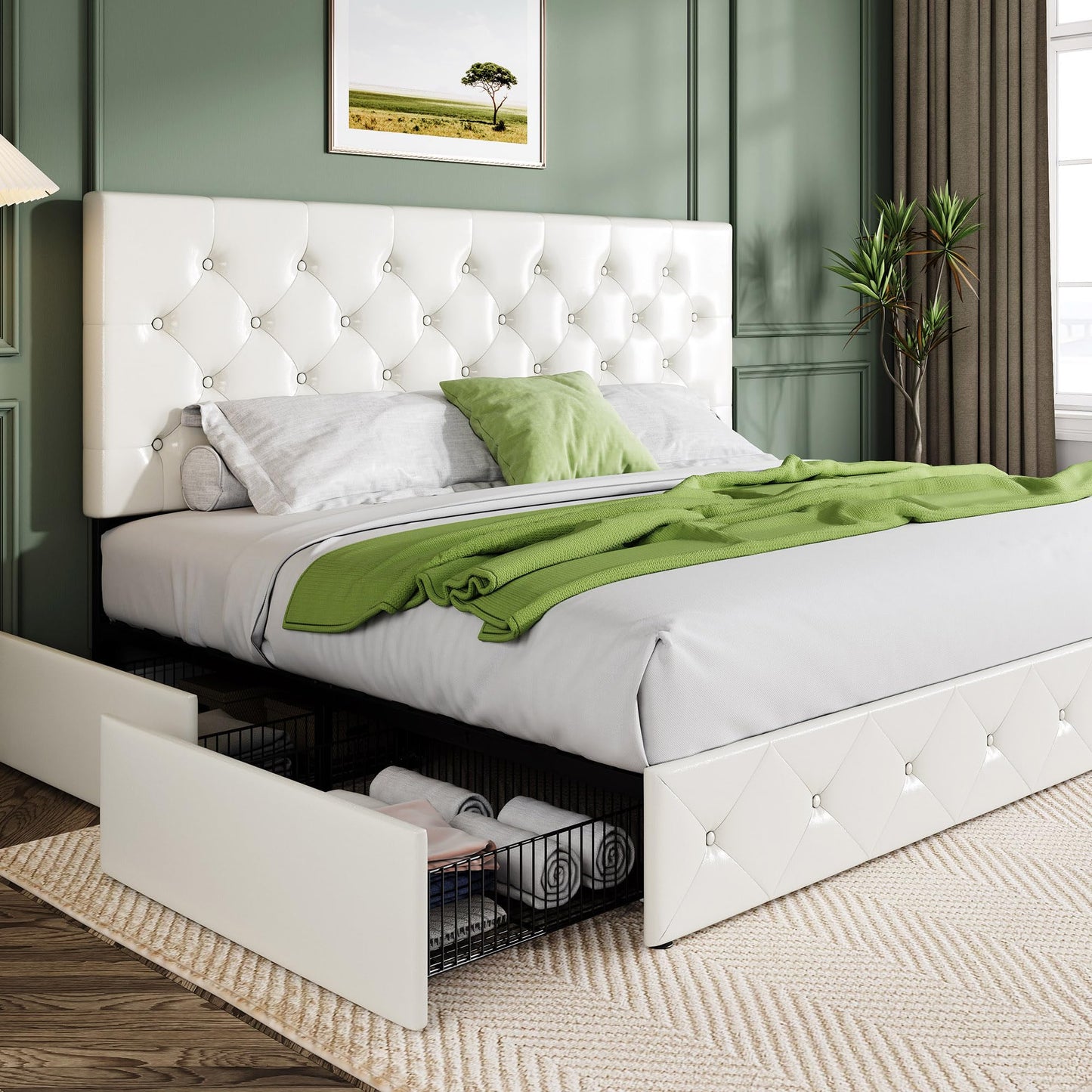 Upholstered Platform Bed Frame with 4 Storage Drawers and Headboard