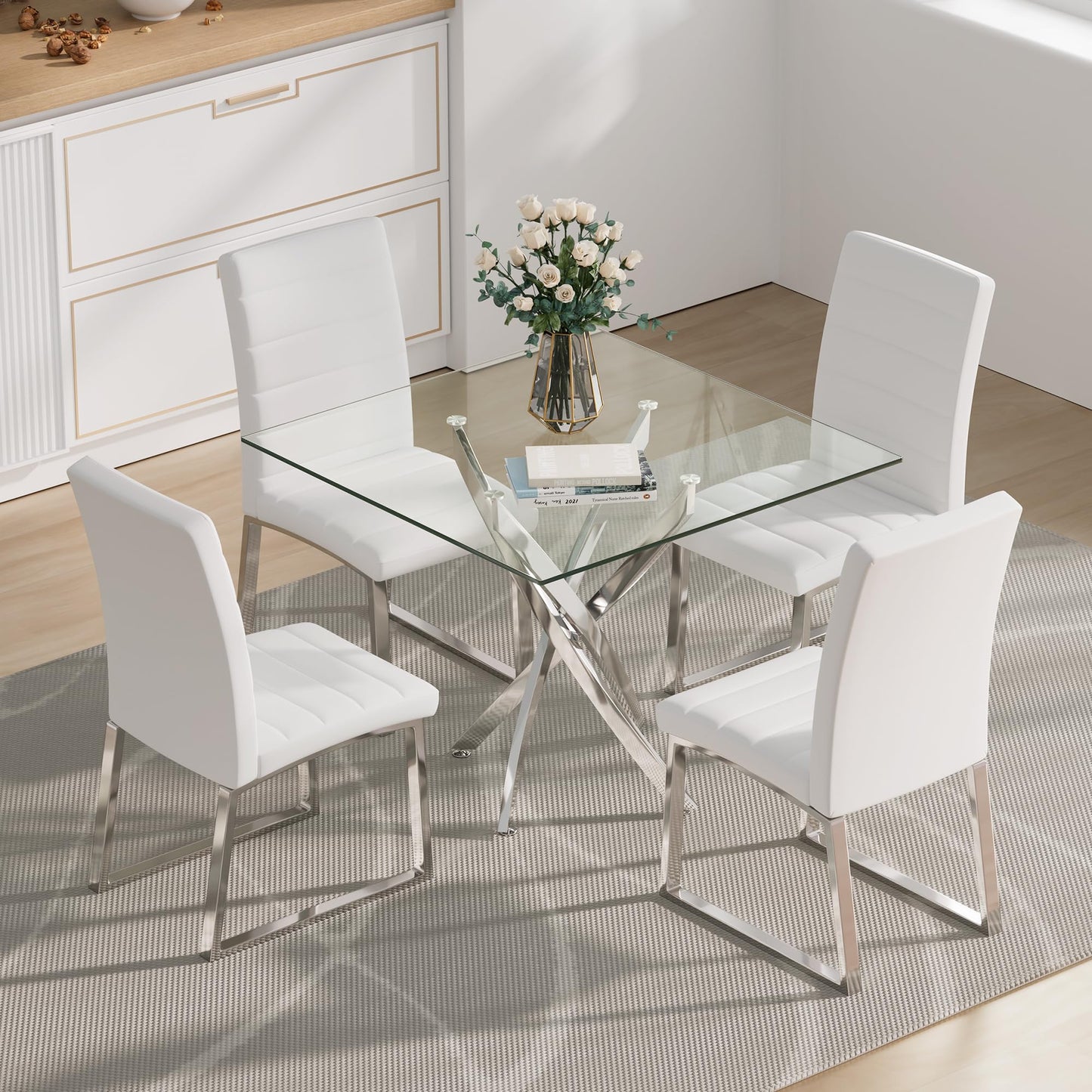 5 Piece Round Glass Dining Table Table Set, Round Glass with 4 PU Dining Chairs