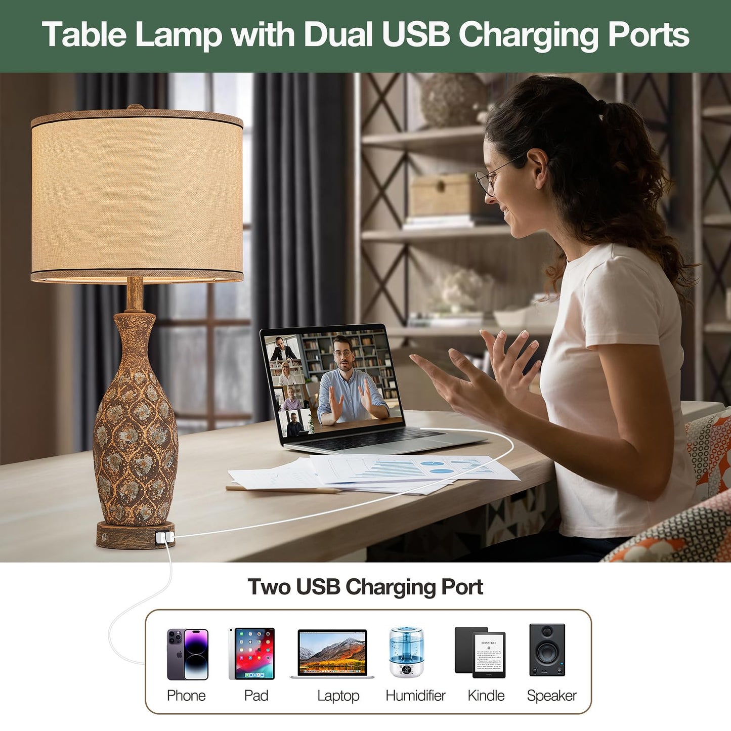 Set of 2 Touch Control Ceramic Table Lamps for Bedroom Livingroom