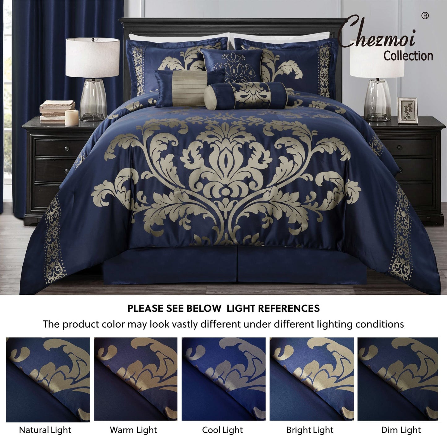 7-Piece Jacquard Floral Comforter Set (Queen, Navy/Gold)