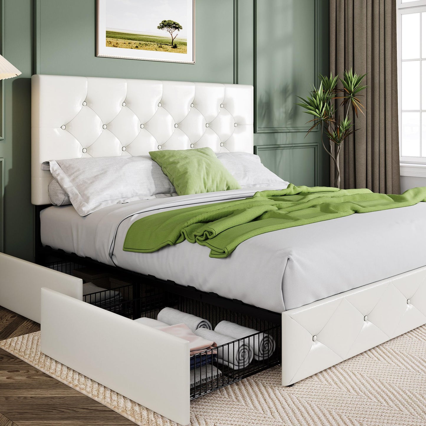 Upholstered Platform Bed Frame with 4 Storage Drawers and Headboard