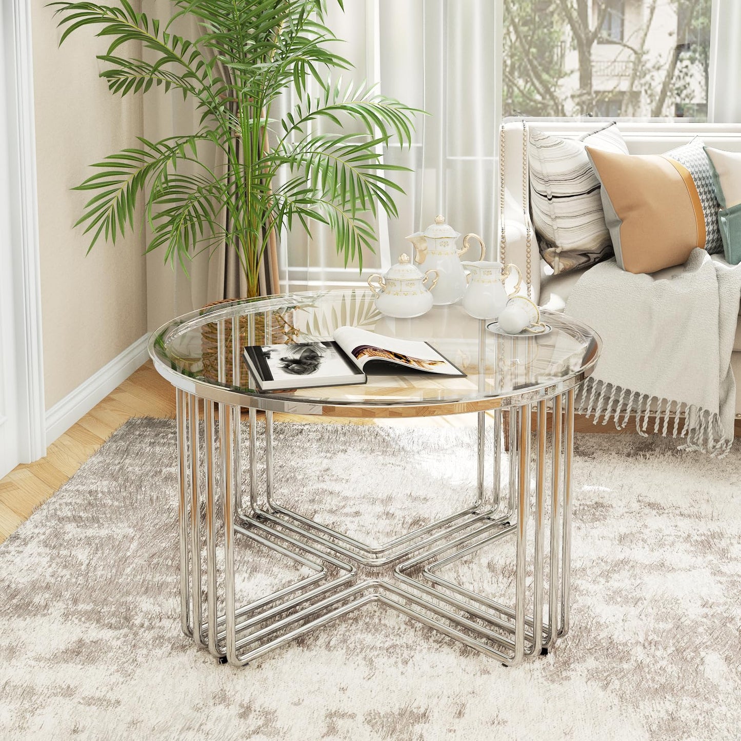 Coffee Tables for Living Room, Round Gold Glass Top Coffee Table