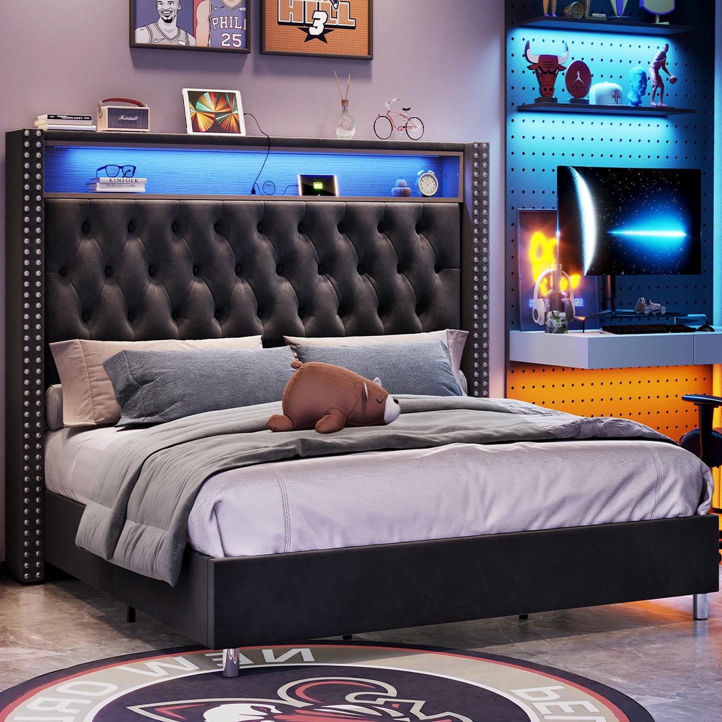 LED King Size Bed Frame and Headboard with Charging Station Velvet Upholstered