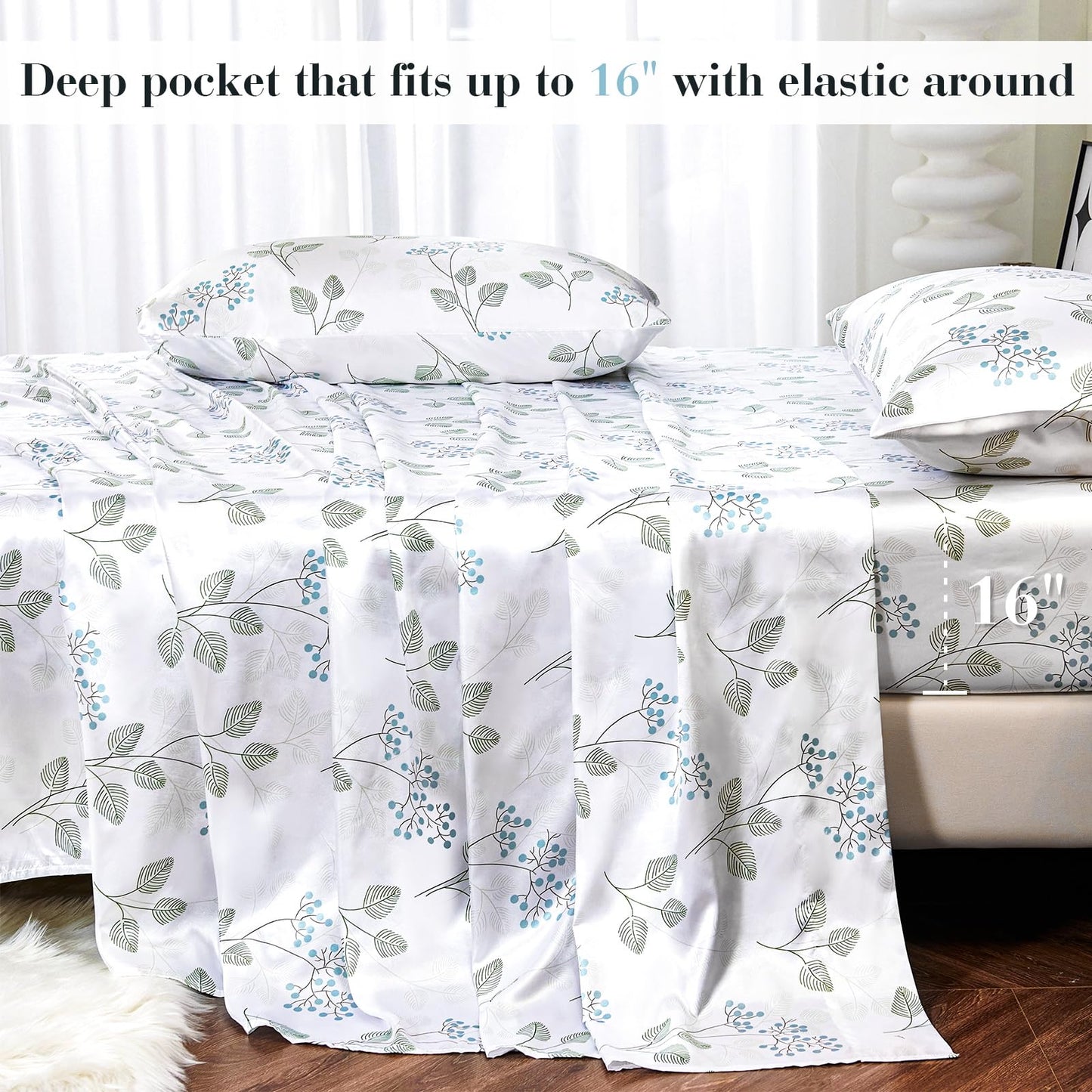 Floral Print - Luxurious Silky Feel Queen Sheet Set - Elegant Smooth Satin Bed Sheets