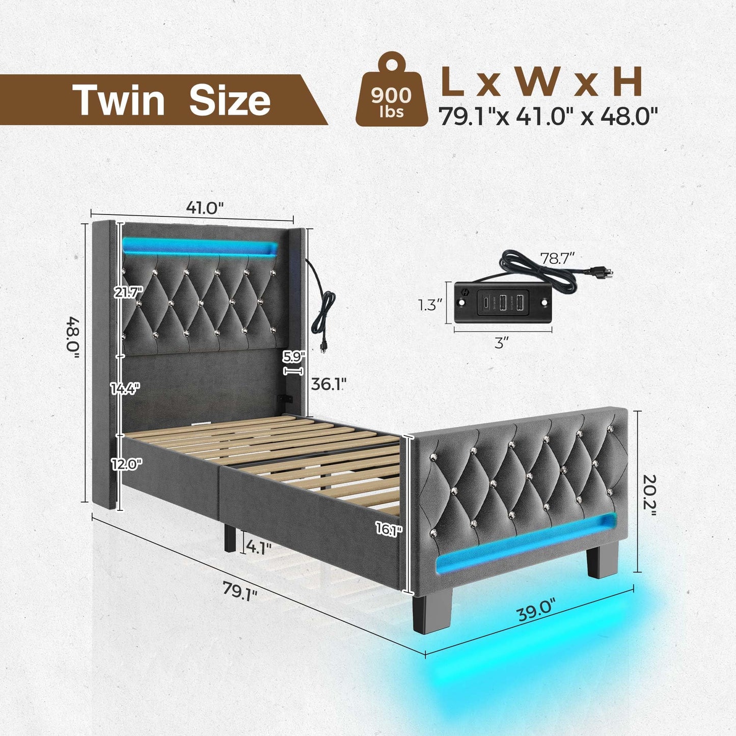 LED Light and Charging Station, Upholstered High Headboard and Footboard