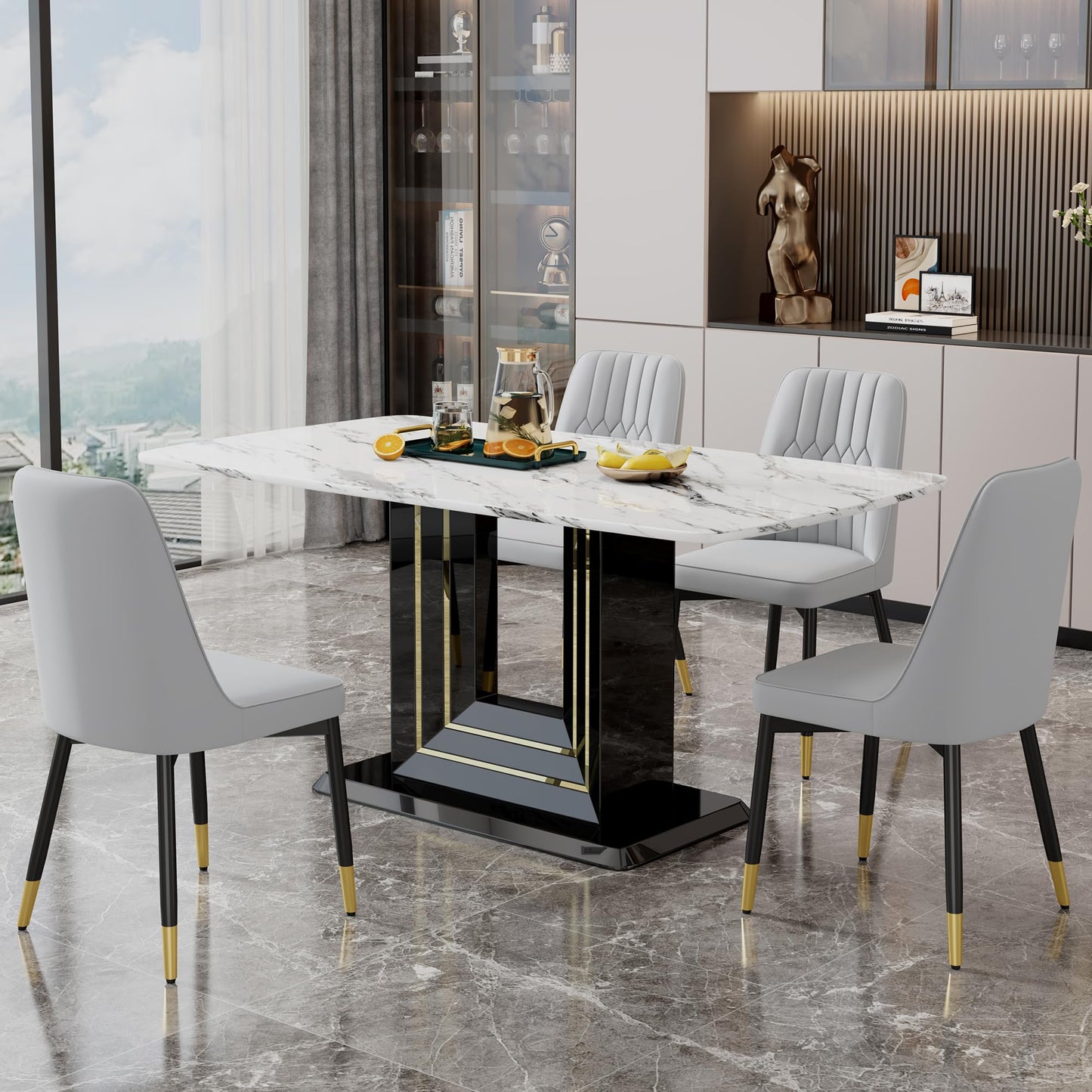 Dining Table Set for 6, White Faux Marble Pattern Table with 6 Modern Dining Chairs