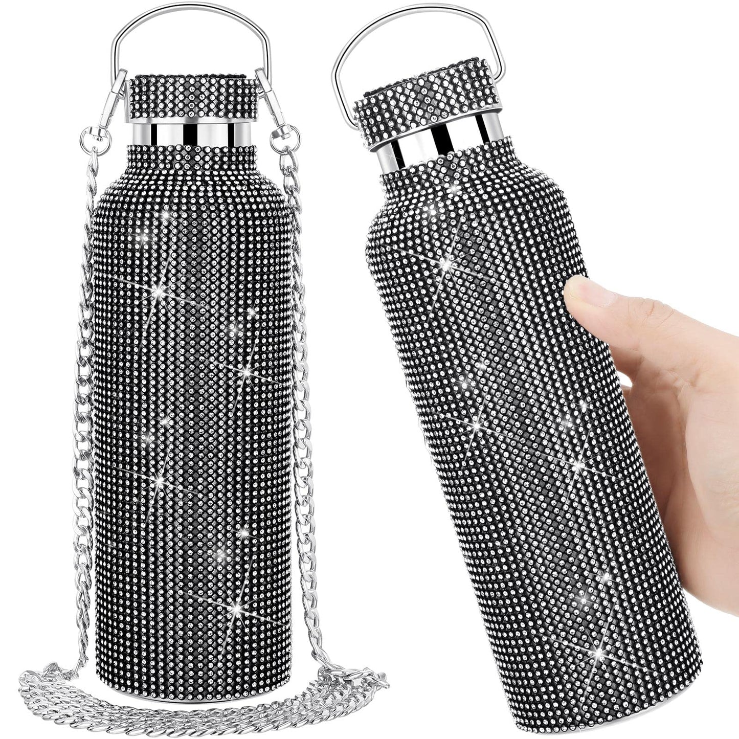 2 Pieces Bling Water Bottle Diamond - Rhinestone with Chain Stainless Steel