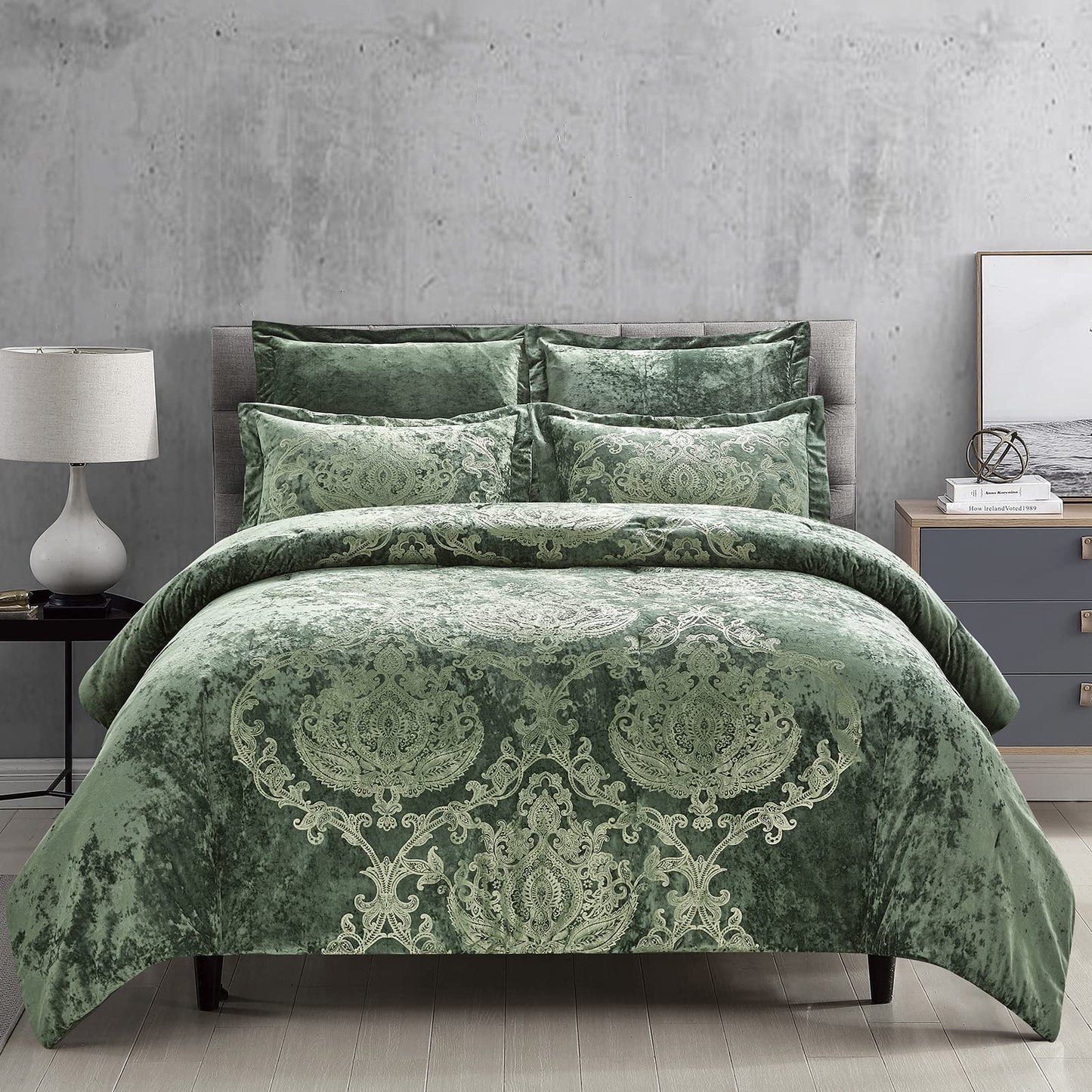 Metallic Print Comforter Set, Distressed Velvet Face with Metallic Print