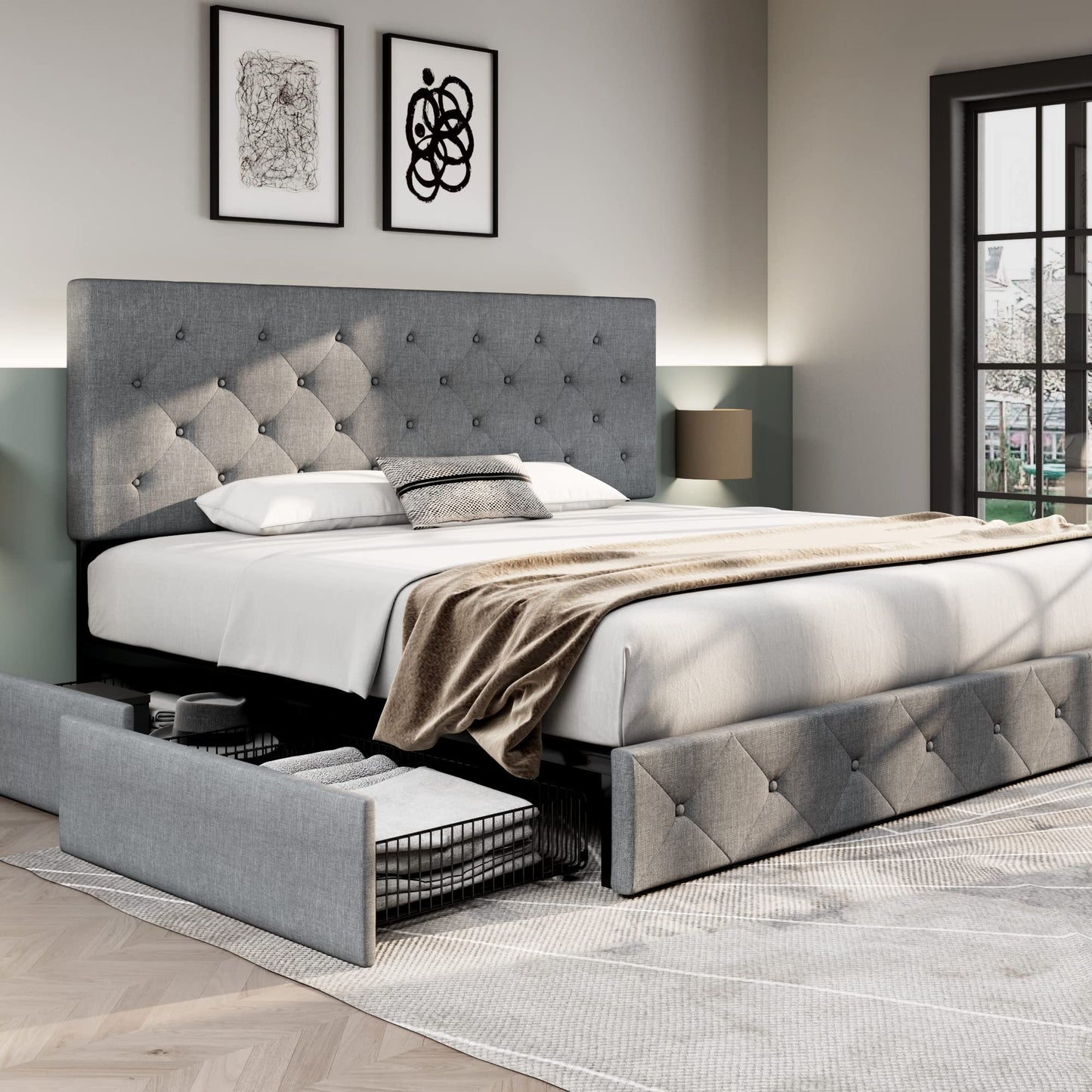 Upholstered Platform Bed Frame with 4 Storage Drawers and Headboard