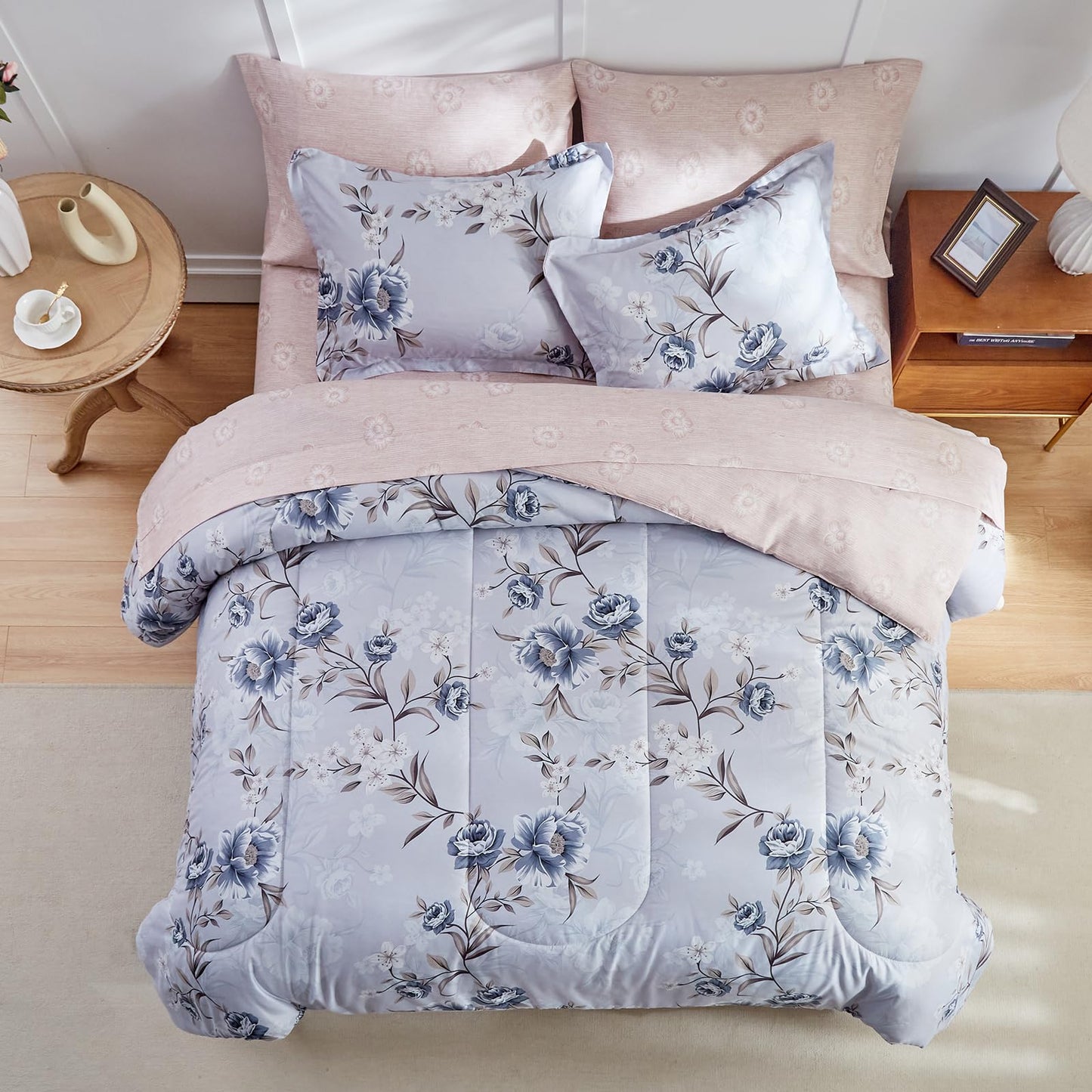 Purple Leaves Bed in a Bag 7 Pieces Floral White Comforter Sheet Set