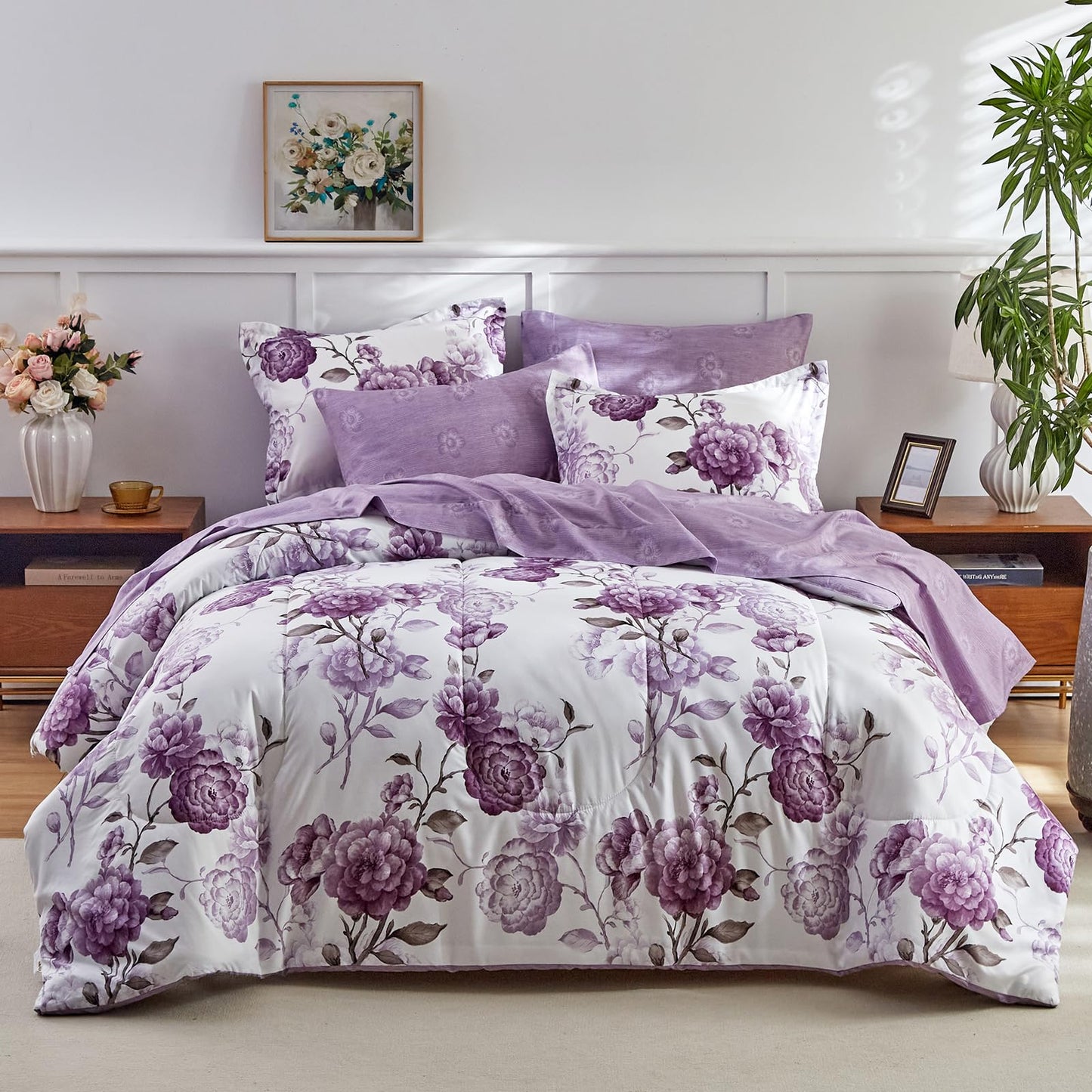 Purple Leaves Bed in a Bag 7 Pieces Floral White Comforter Sheet Set