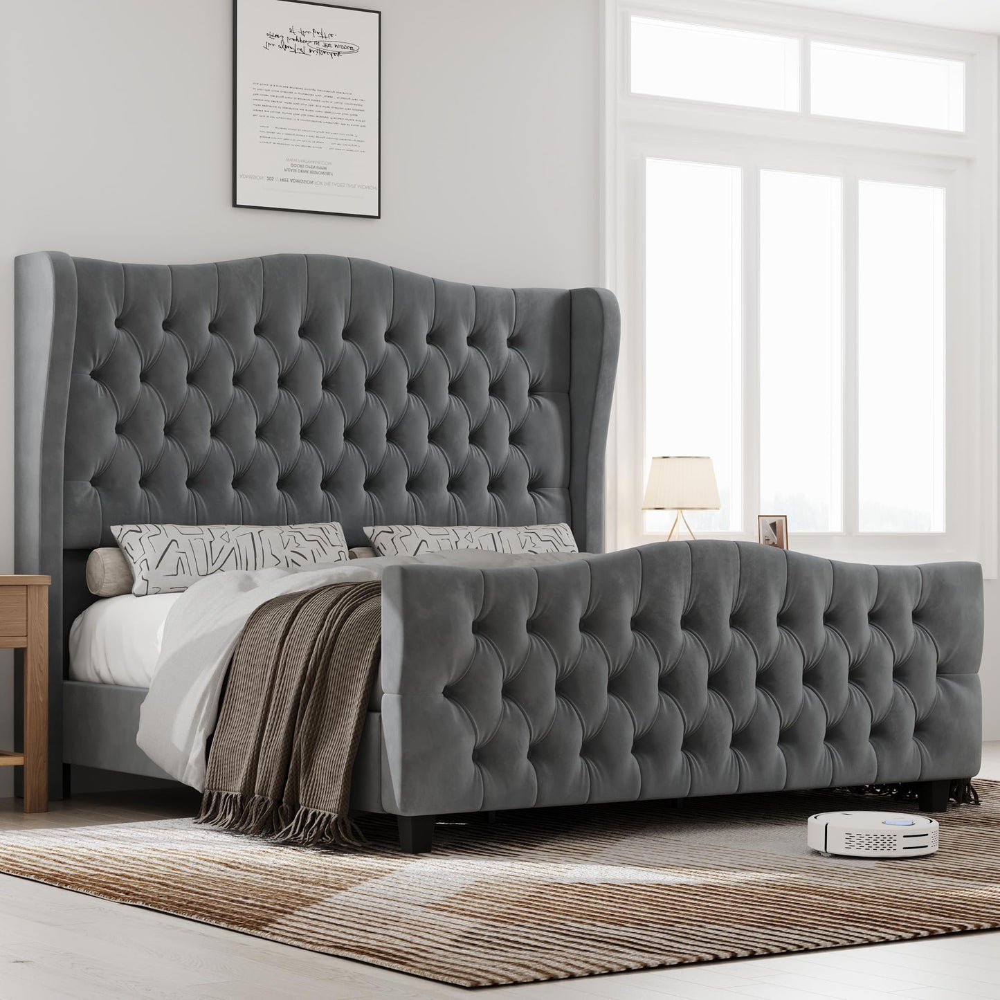 Tall Platform Bed Frame with Deep Button Tufted Wingback Headboard and Footboard