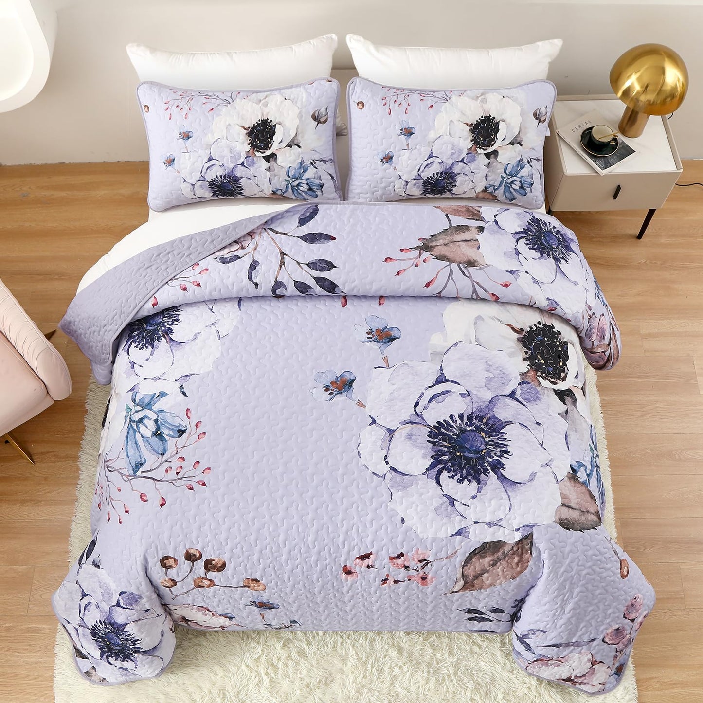 Purple Floral Quilt Set Queen Size, 3 Pieces Botanical Flower Printed