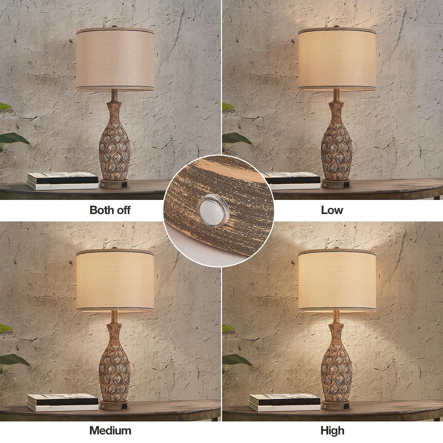 Set of 2 Touch Control Ceramic Table Lamps for Bedroom Livingroom