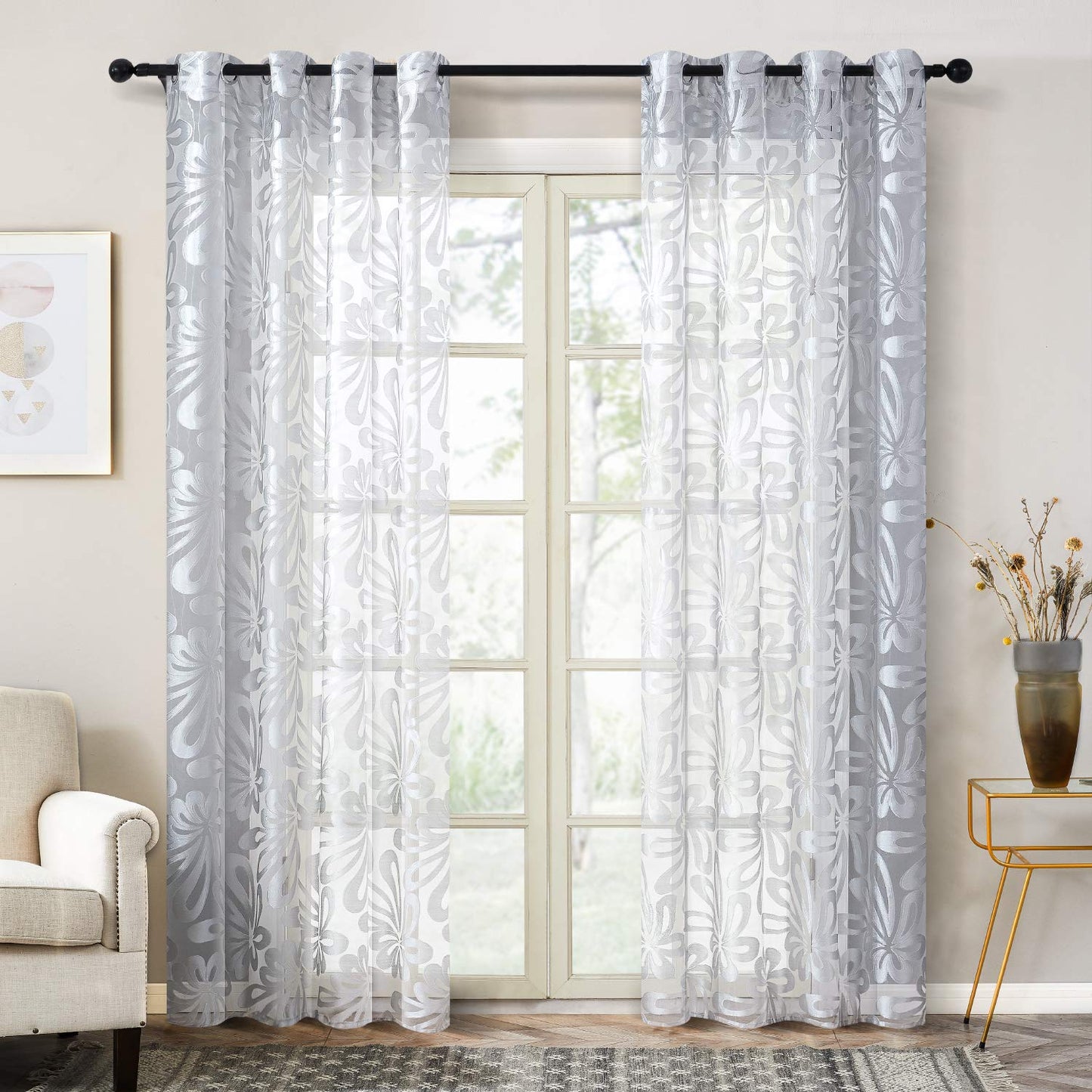 Floral Voile Sheer Curtains 84 Inches Long - Window Treatments 2 Panels