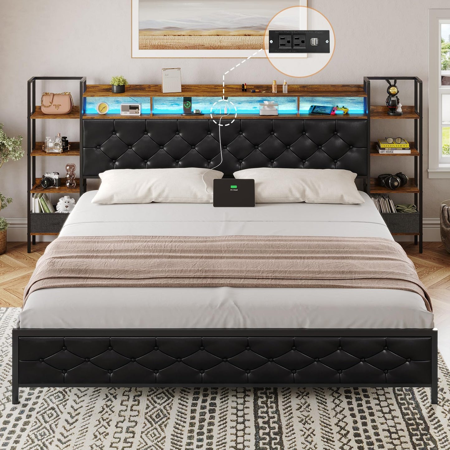 Queen Bed Frame with Storage Headboard and LED Lights