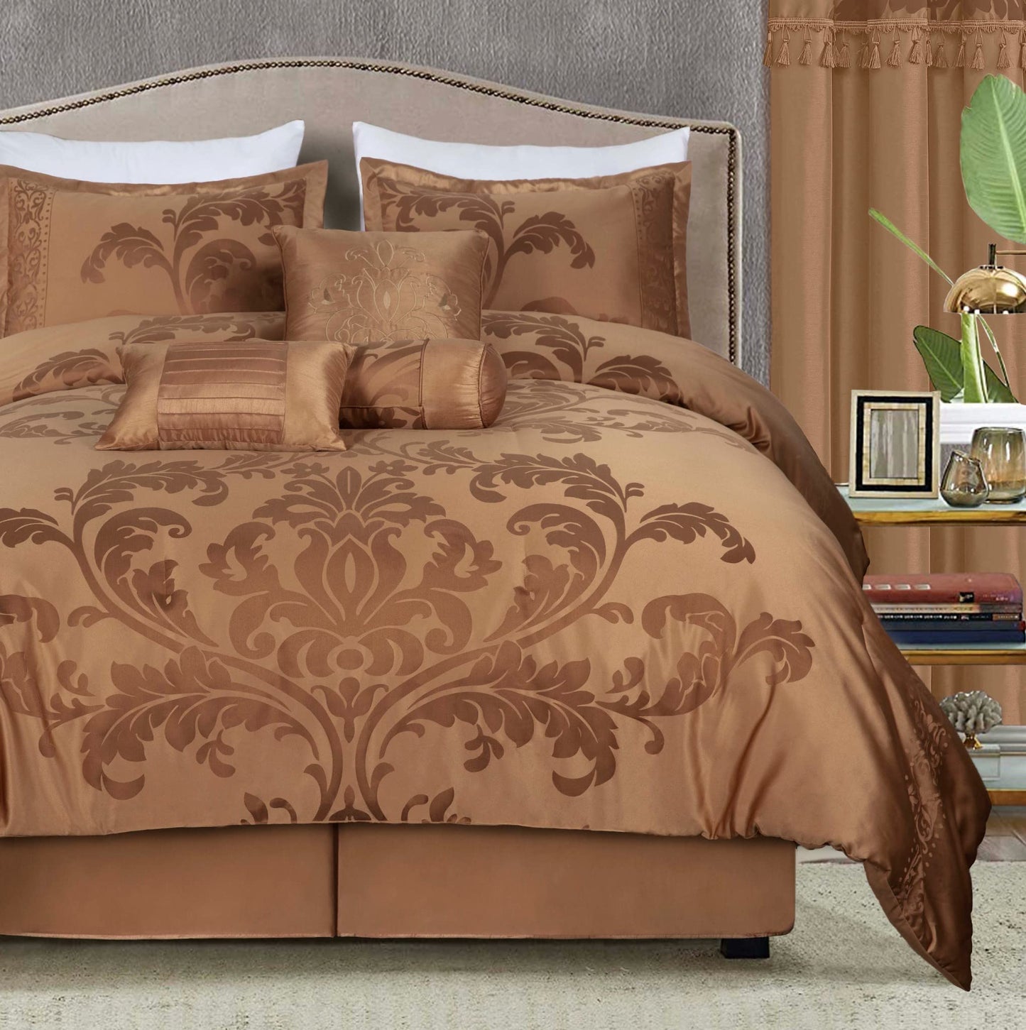 7-Piece Jacquard Floral Comforter Set (Queen, Navy/Gold)